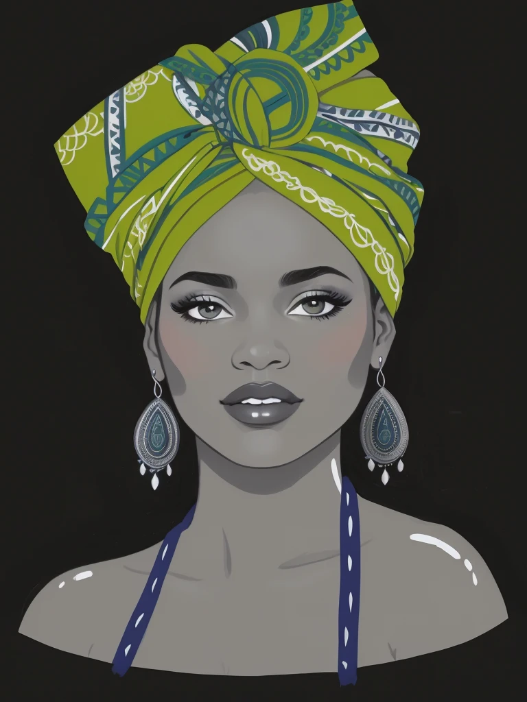 painting of a woman with a green scarf and earrings, mulher Africanoa, in illustration style digital, Rainha Africanoa, Princesa negra Africanoa, mulher negra, Princesa Africana, mulher afro-americana, Princesa Africanoa deslumbrante, jovem mulher negra, Africano, digital illustration portrait, arte digital de um elegante, mulher linda, detailed illustration portrait, mulher jovem negra, retrato de alta qualidade, desenho digital
