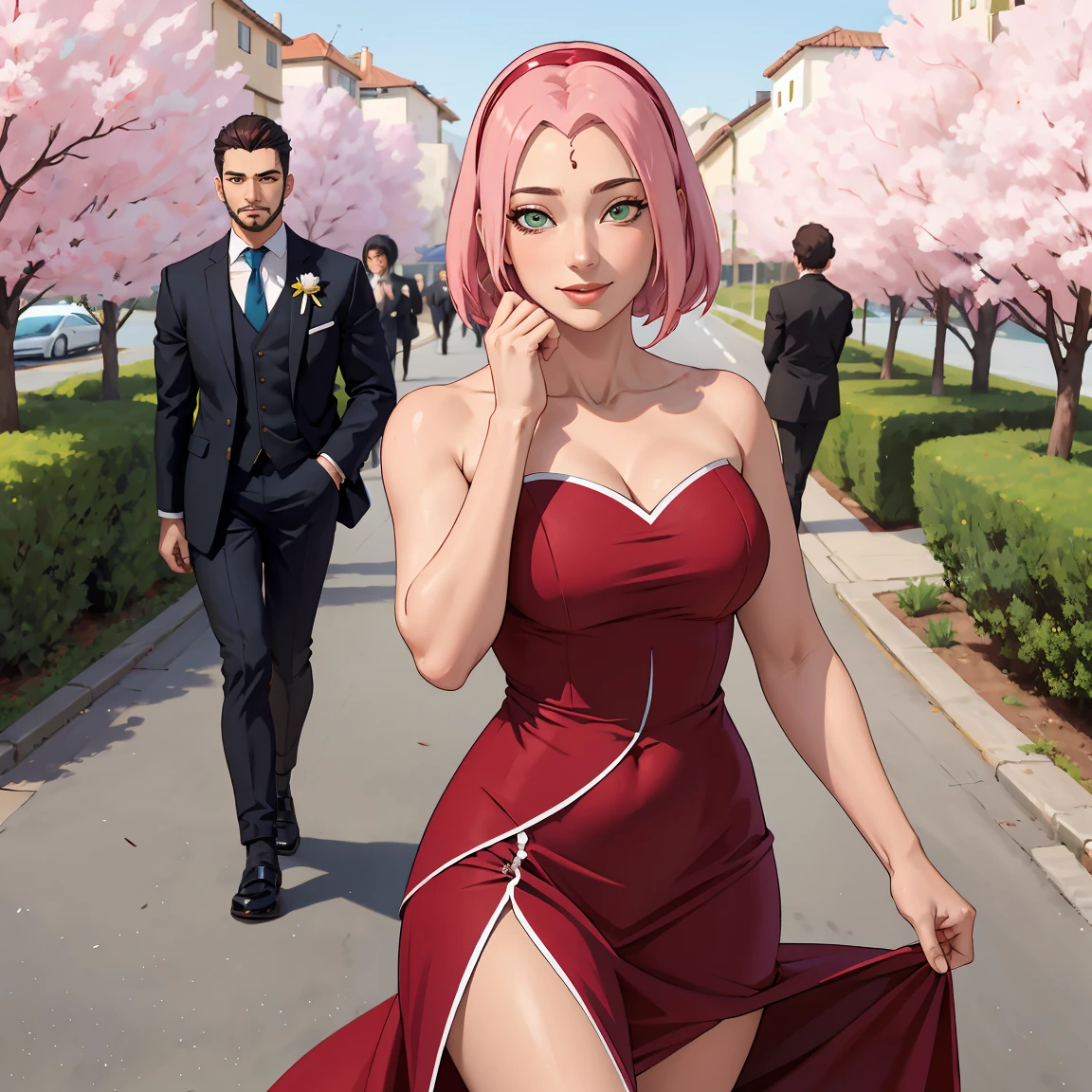 (((Traje formal))), Obra maestra, La mejor calidad en el mejor de los casos, 1girll, Sakura Haruno, senos grandes,Vestimenta fuera del hombro,(escote),(Primer plano de la parte superior del cuerpo),Criado sexy,is shy,smil,con cabello rosado, Pelo largo blanquecino, (Globos oculares verdes:1.4), Forehead protection, Los cerezos,Cerezos en flor volando,Ropa roja, Figura tetona, :1.1, :1.1, Ahegao:1.1