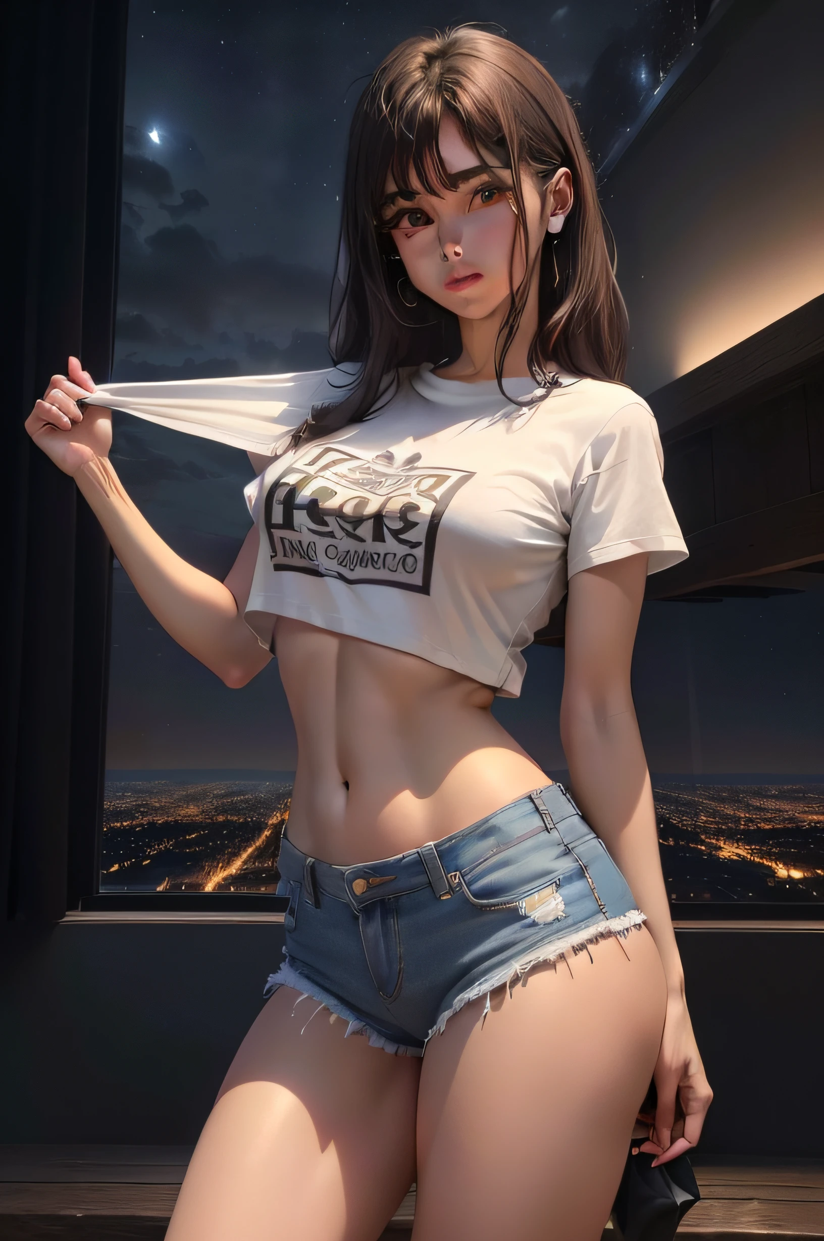 ((media noche、highest qualityr、8k、obra maestra:1.3)), cuerpo completosbian, patas largas, foco nítido:1.2, Hermosa mujer con forma de cuerpo perfecta:1.4, abdominales delgados:1.1, ((Brown Dark Hair、teta enorme:1.2)), (camiseta blanca ajustada、Babero Jean, Standing:1.2), ((Vista nocturna de la ciudad、En la azotea:1.3)), Textura facial y de piel altamente detallada, Un ojo detallado, 二重まぶた、ropa interior