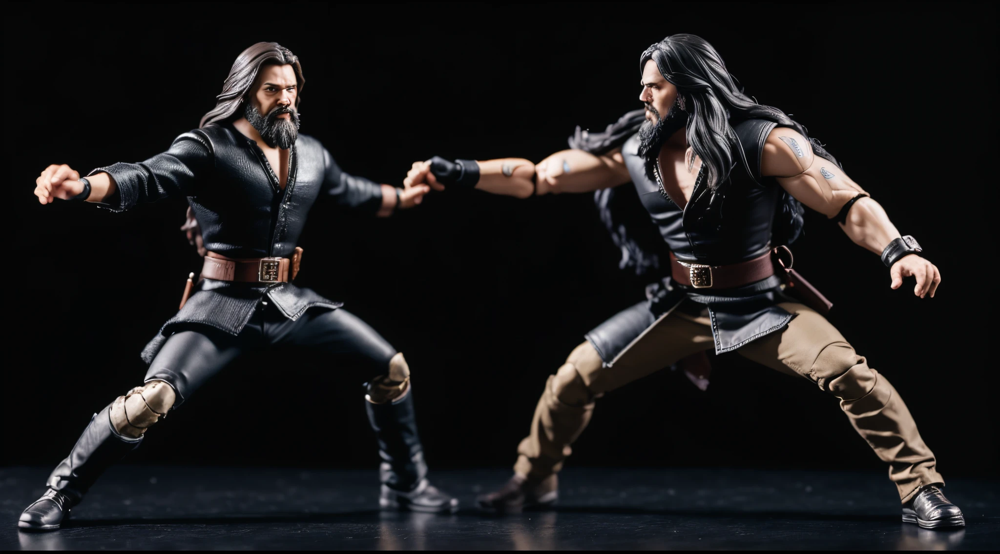 1 Man solo, he has a short black beard and he has long black flowing hair. He has turned into an action figure and is fighting toys