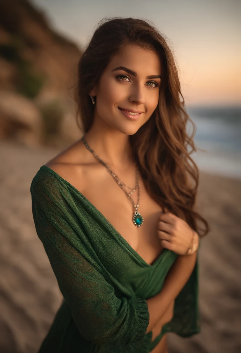arafed woman with a bikini and a necklace, sexy girl with green eyes, brown hair and large eyes, selfie of a young woman, bedroom eyes, violet myers, without makeup, natural makeup, looking directly at the camera, face with artgram, subtle makeup, stunning full body shot, piercing green eyes, beautiful angle, attractive pose, cute girl, sexy pose, full body picture, smiling, full body, full body shoot, brunette goddess, high detail, satisfied pose, next to the ocean