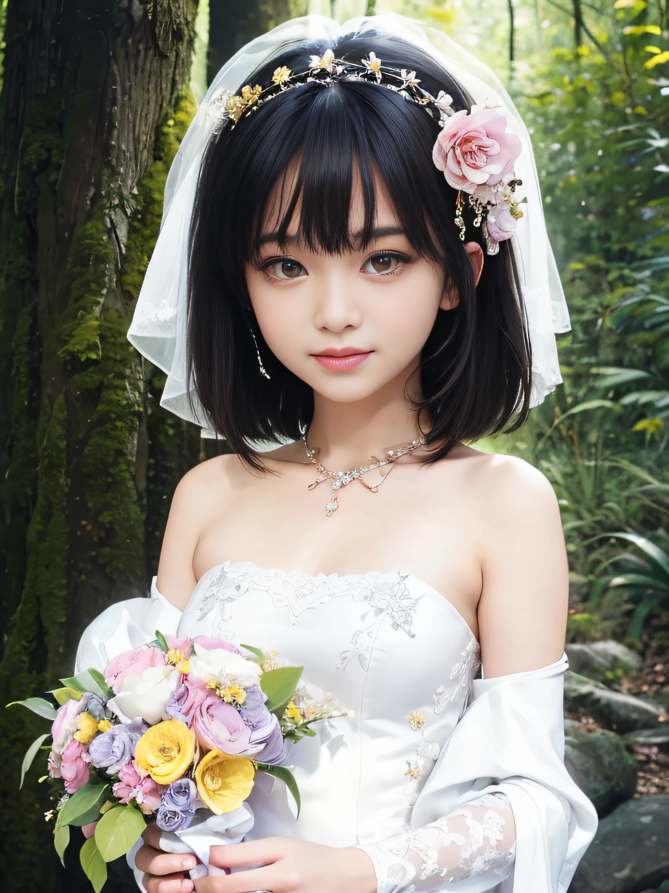((sfw: 1.4)), ((detailed face, cute face,brown eye)), ((professional photography)), ((wedding dress, smile, 1 Girl)), Ultra High Resolution, (Realistic: 1.4), RAW Photo, Best Quality, (Photorealistic Stick), Focus, Soft Light, (()), ((Japanese)), (( (young face))), (surface), (depth of field), masterpiece, (realistic), woman, bangs, ((1 girl))
