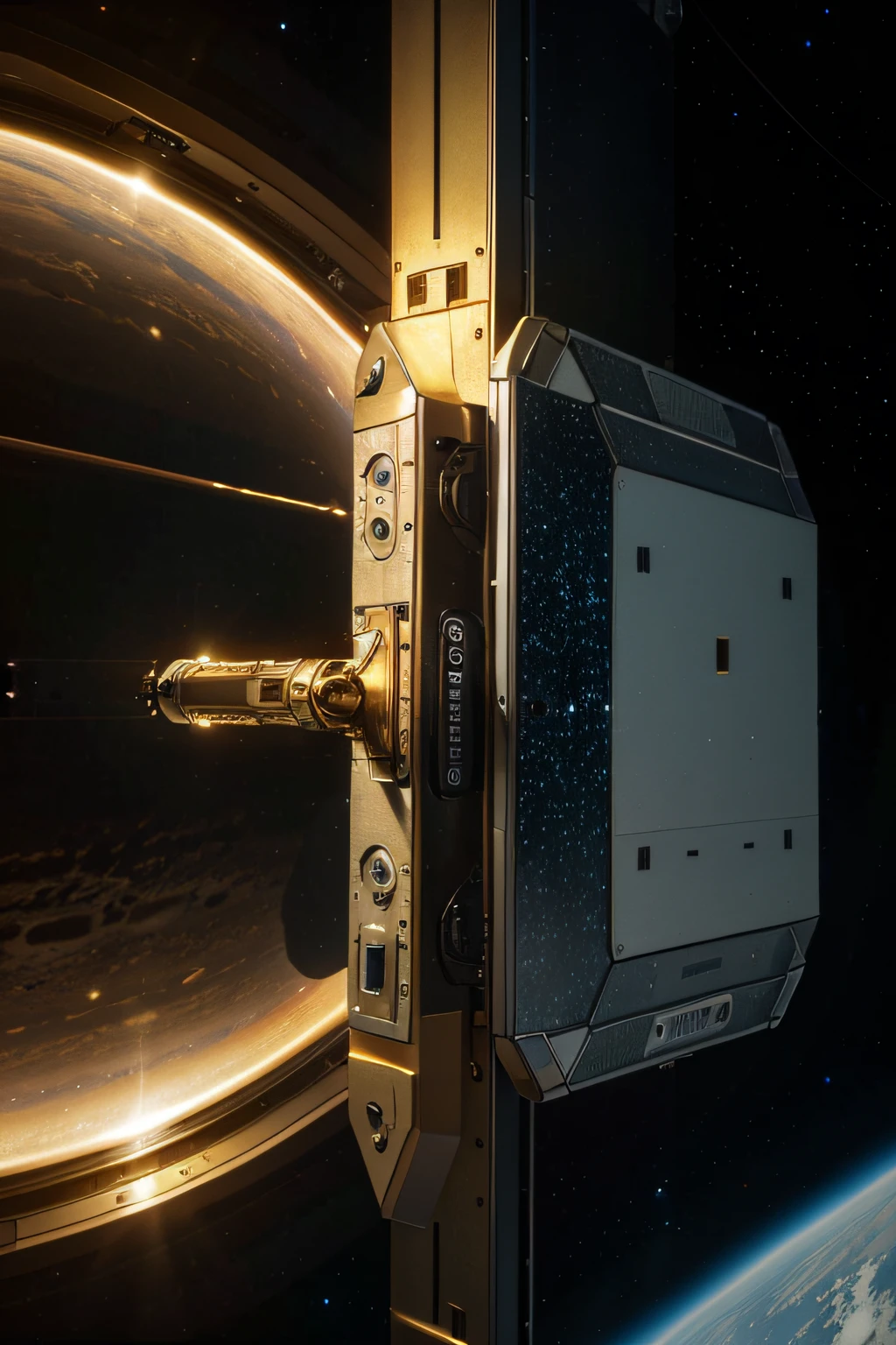 In space, the high-tech login device is docked with the space station. It has a strong metallic texture and an ultra-wide-angle lens. The picture is bright and realistic, with photographic effects and golden section composition.