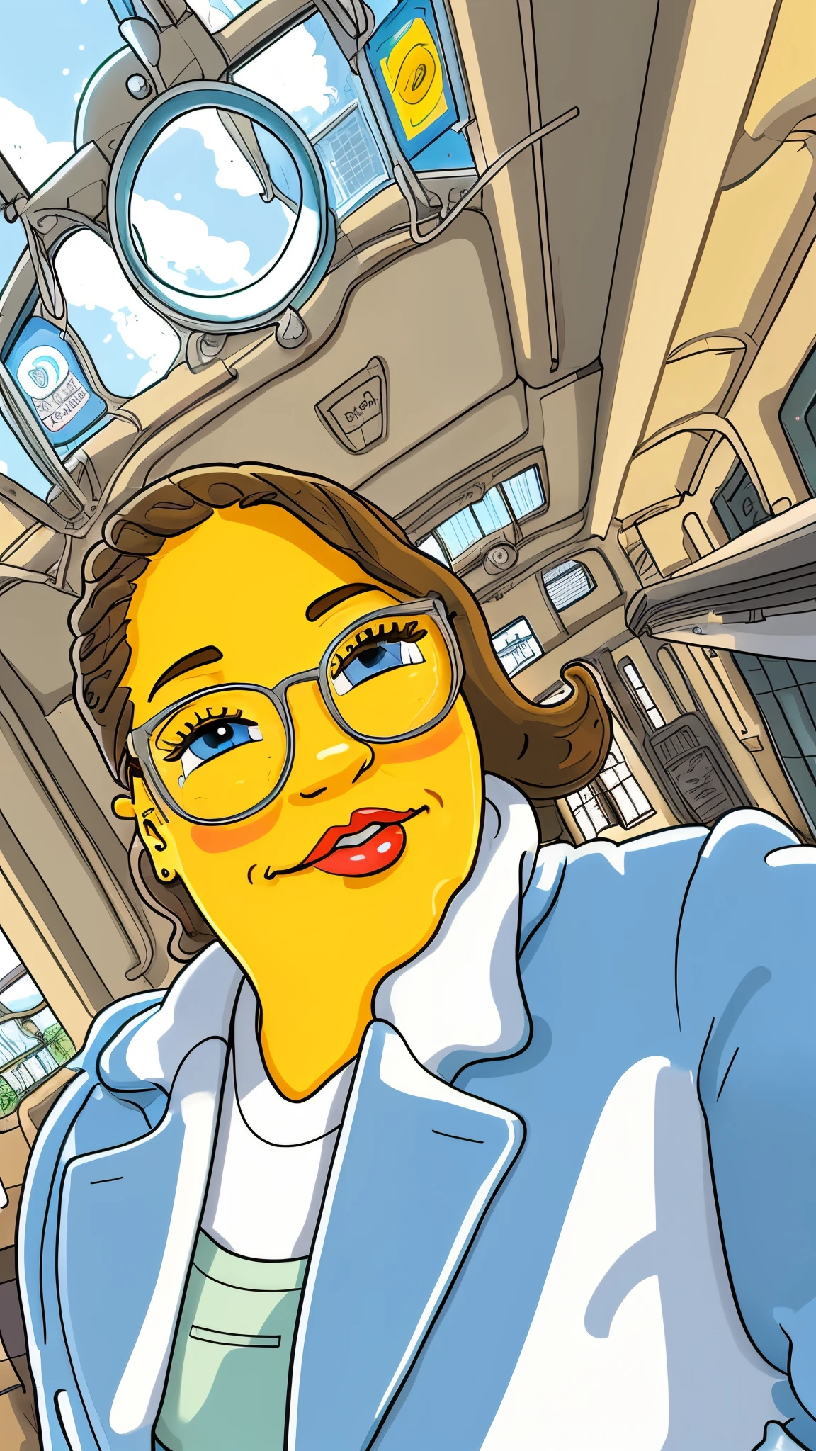 a picture of a simpsonised chubby young woman with a coat in an ancient trainstation
