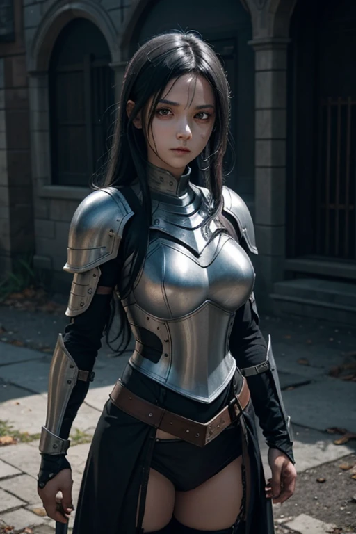 character is a zombie, black hair, white pupils, gray ash skin, knight, steel armor, athletic build, female, medieval fantasy world, anime.