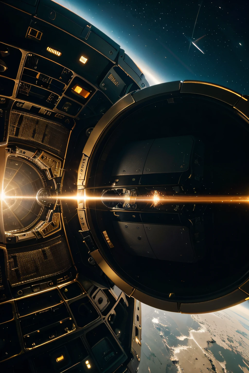 In space, the high-tech login device is docked with the space station. It has a strong metallic texture and an ultra-wide-angle lens. The picture is bright and realistic, with photographic effects and golden section composition.