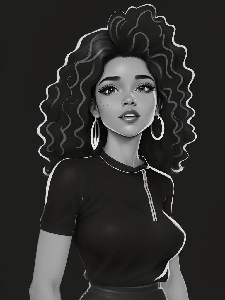 desenho de uma mulher com cabelos cacheados e grandes brincos de argola, in illustration style digital, mulher negra, jovem mulher negra, illustration black outlining, negra, Epic portrait illustration, magia negra, mulher jovem negra, desenho de estilo vetorial, Cartoon style illustration, retrato de alta qualidade, detailed illustration portrait, desenhado em um estilo noir, arte vetorial em preto e branco, digital illustration portrait