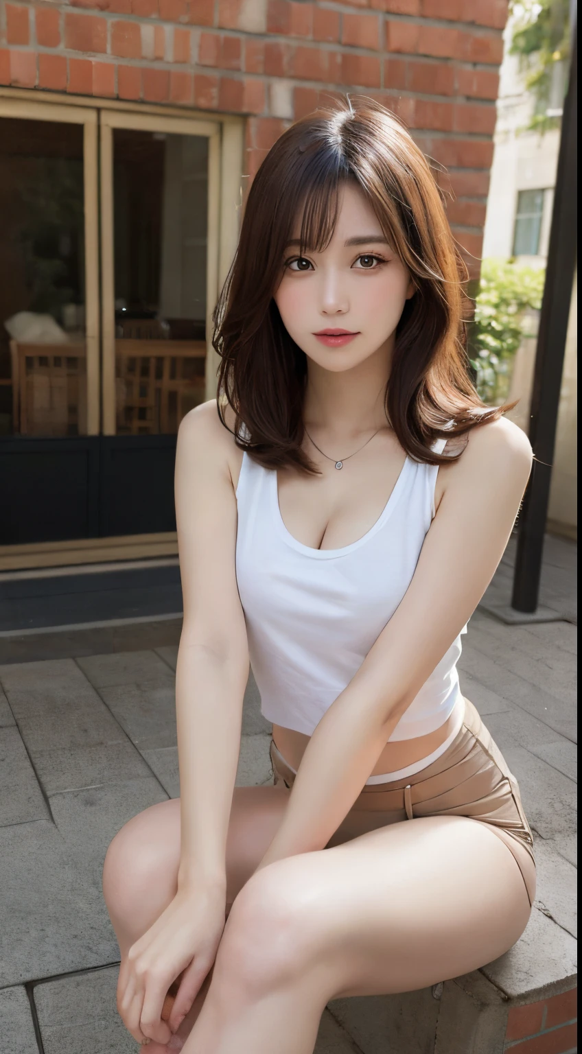 masutepiece, Best Quality, Illustration, Ultra-detailed, finely detail, hight resolution, 8K Wallpaper, Perfect dynamic composition, Beautiful detailed eyes,  Natural Lip,White tank top:1.9,cleavage,thigh visible,I can see my toned abs,Full body