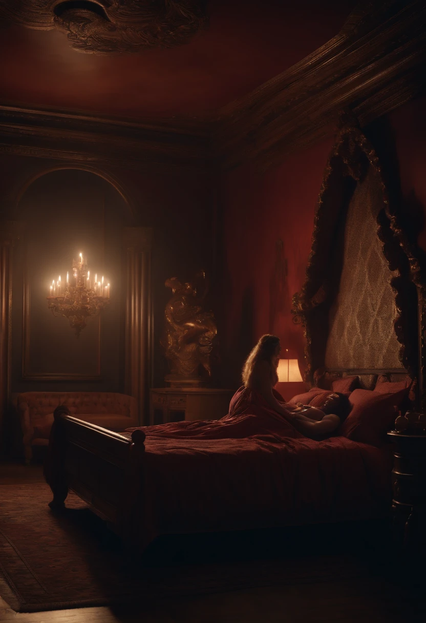 horror film scene of surrealism, baroque style, 3d render, realistic, a oversized huge giant demon and a girl are sleeping in the bed in a bedroom, candle lit room, ultra detail, 8k resolution