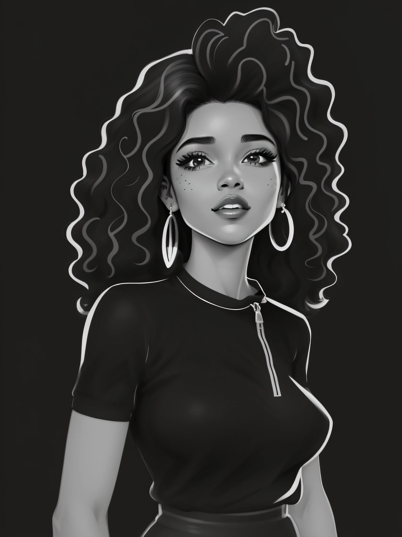 desenho de uma mulher com cabelos cacheados e grandes brincos de argola, in illustration style digital, mulher negra, jovem mulher negra, illustration black outlining, menina negra, Epic portrait illustration, magia negra, mulher jovem negra, desenho de estilo vetorial, Cartoon style illustration, retrato de alta qualidade, detailed illustration portrait, desenhado em um estilo noir, arte vetorial em preto e branco, digital illustration portrait