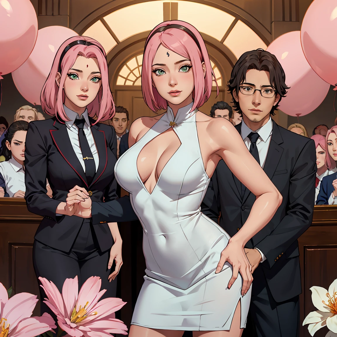 (((Traje formal))), Obra maestra， La mejor calidad en el mejor de los casos， 1girll， Sakura Haruno， senos grandes desnudos，Vestimenta fuera del hombro，（escote)，（Primer plano de la parte superior del cuerpo)，Criado sexy，is shy，smil，con cabello rosado， Pelo largo blanquecino， （Globos oculares verdes:1.4)， Forehead protection， Los cerezos，Cerezos en flor volando，Ropa roja, Figura tetona, :1.1, :1.1, Ahegao:1.1