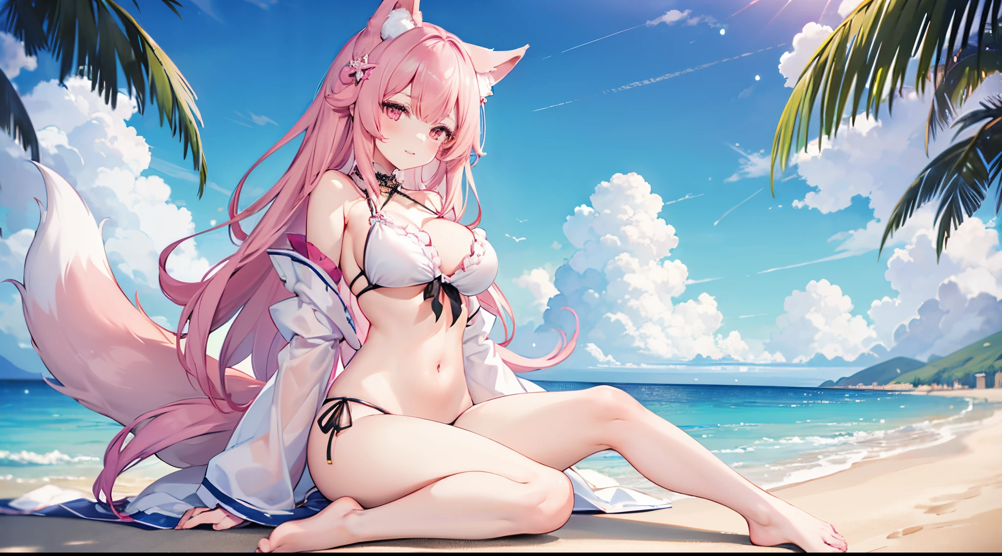 (1girl:1.3), Solo, __body-parts__, Official Art, high quality, beautiful, film grain, sexy, pink hair, pink frilled bikini, pink bikini, pink choker, large breast, see-through, multiple tails, navel, frill, fox girl,, front-tie top, tront-tie bikini, closed mouth, thighs, white tails, bare shoulders, kitsune, sitting, looking at viewer, closed lips, delicate lips, detached sleeves, cleveage, smile, fox ears, beach, full body, bare legs, bare feet, shinano azur lane