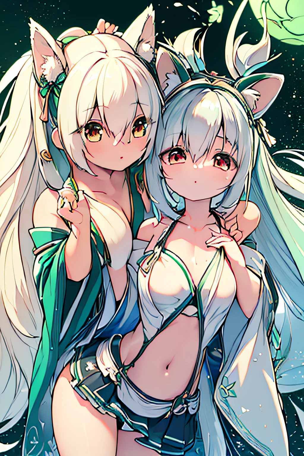 (best quality,4k,8k,highres,masterpiece:1.2),ultra-detailed,(realistic,photorealistic,photo-realistic:1.37),green long hair,white hair tips,fox ears,luminous green big tail,girl,lotus hat,yin yang fish ornament,holding a triangular flag,horror,ink-colored ancient robe