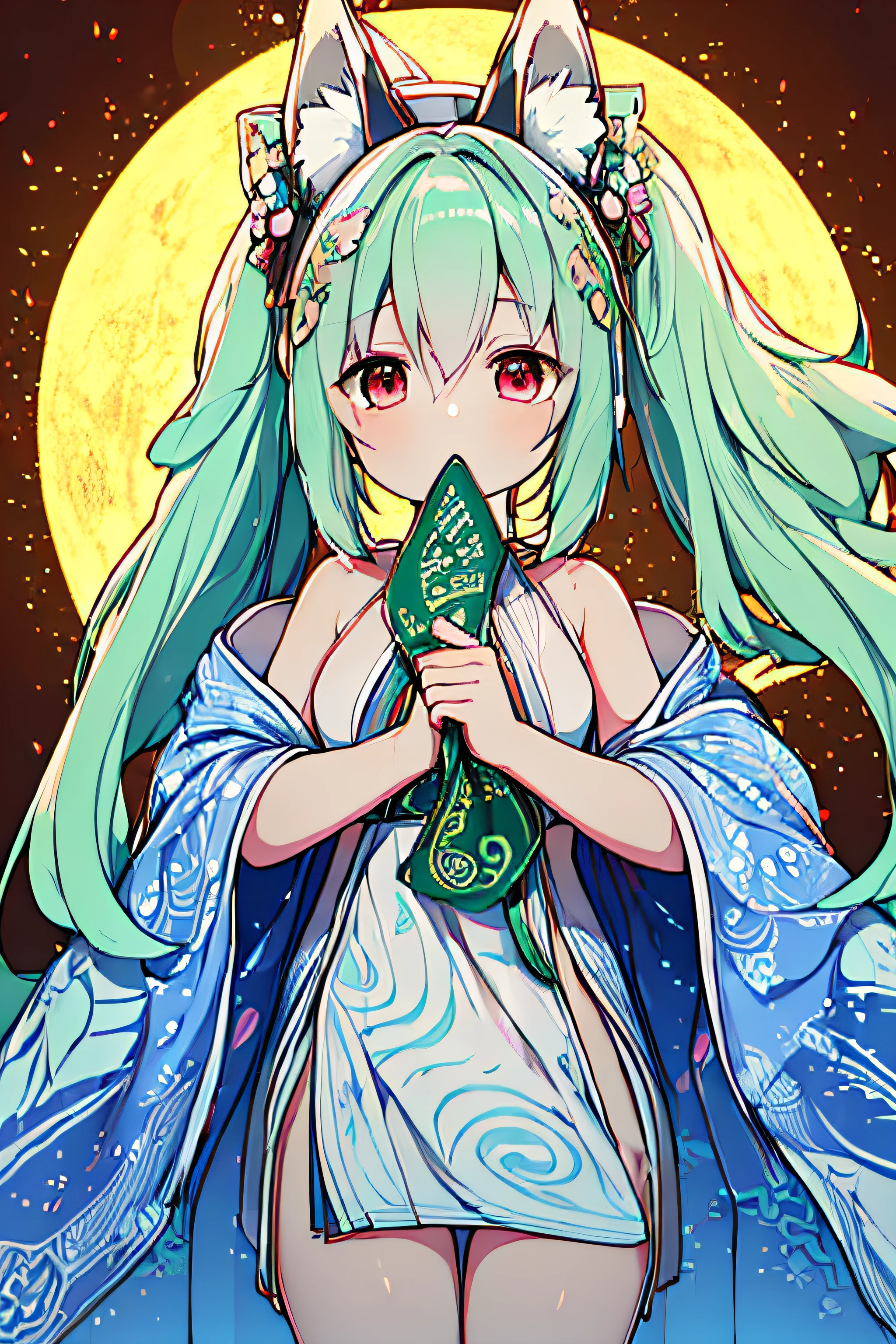 (best quality,4k,8k,highres,masterpiece:1.2),ultra-detailed,(realistic,photorealistic,photo-realistic:1.37),green long hair,white hair tips,fox ears,luminous green big tail,girl,lotus hat,yin yang fish ornament,holding a triangular flag,horror,ink-colored ancient robe