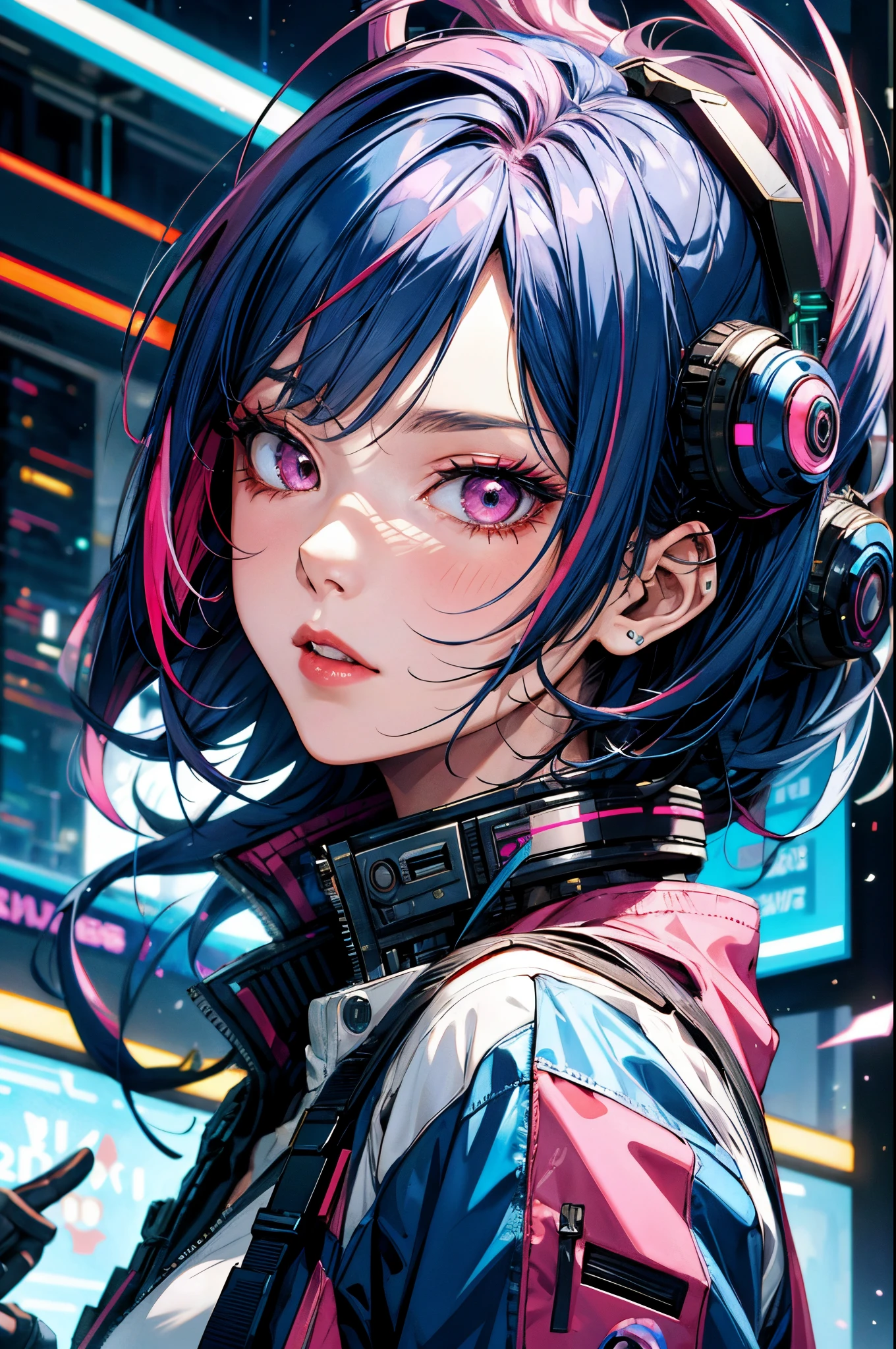 lucy \(cyberpunk\), 1girl, bangs, blue hair, colored tips, close up, from side, grey eyes, jacket, long sleeves, looking at viewer, medium hair, moon, multicolored hair, parted bangs, parted lips, pink hair, portrait, red eyeliner, red lips, solo, white jacket, cyberpunk \(series\), cyberpunk edgerunners ,