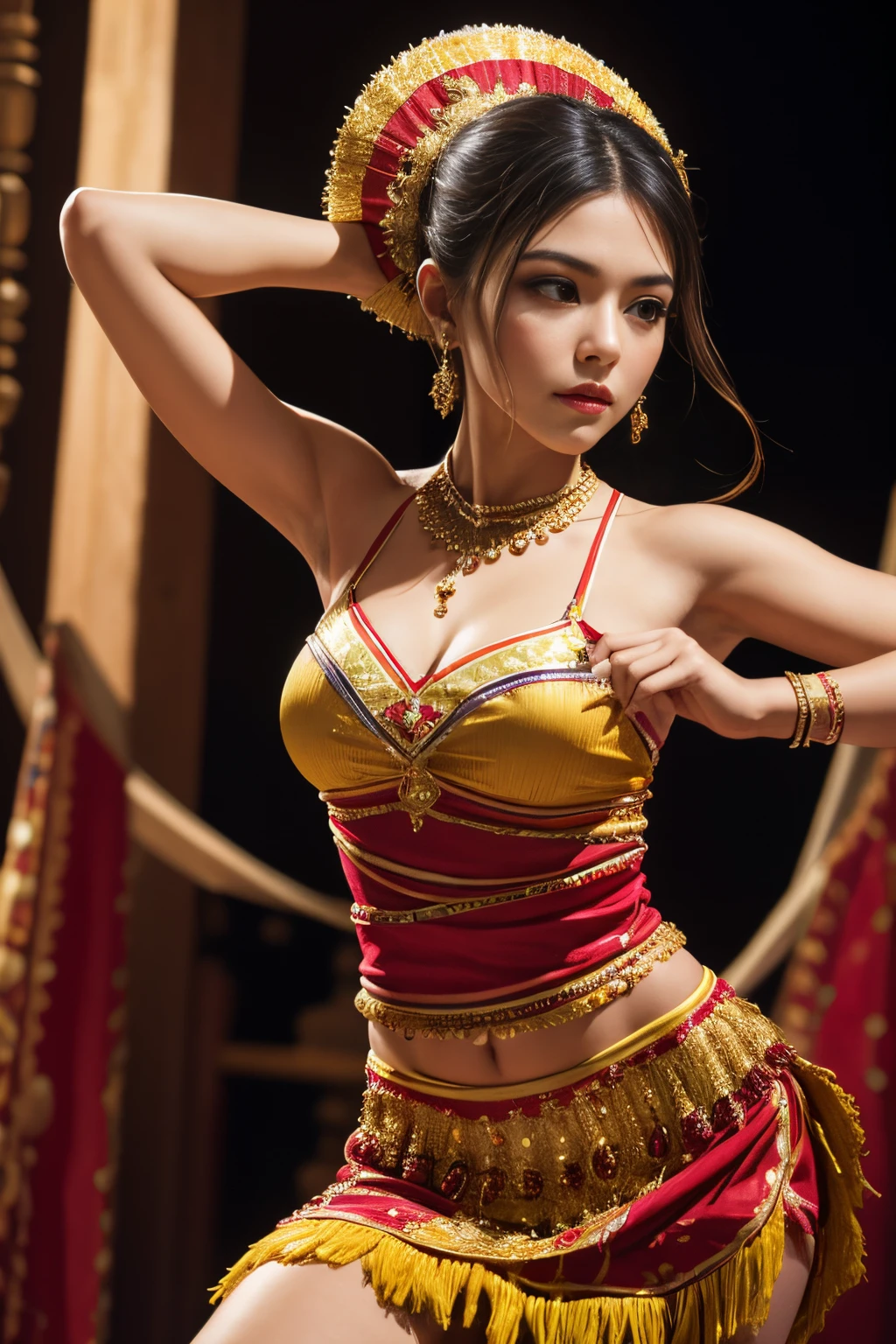 8k, highest quality, ultra details, Elena, Hispanic beauty, woman, traditional dance costume, fluid movements, captivating performance, preserving cultural traditions.