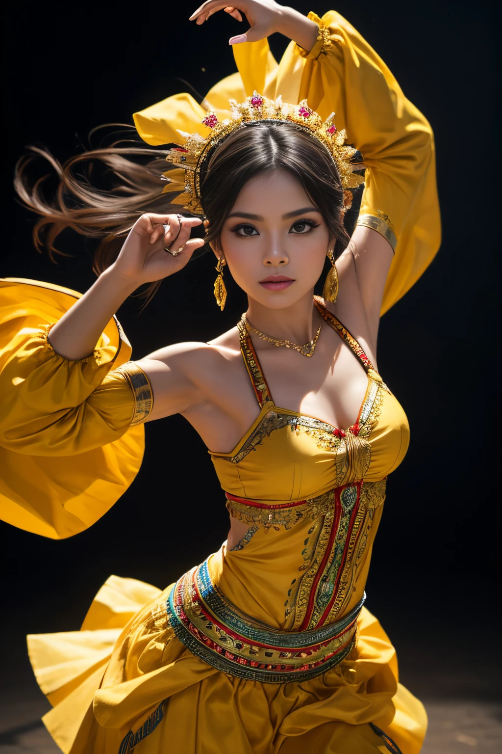 8k, highest quality, ultra details, Elena, Hispanic beauty, woman, traditional dance costume, fluid movements, captivating performance, preserving cultural traditions.