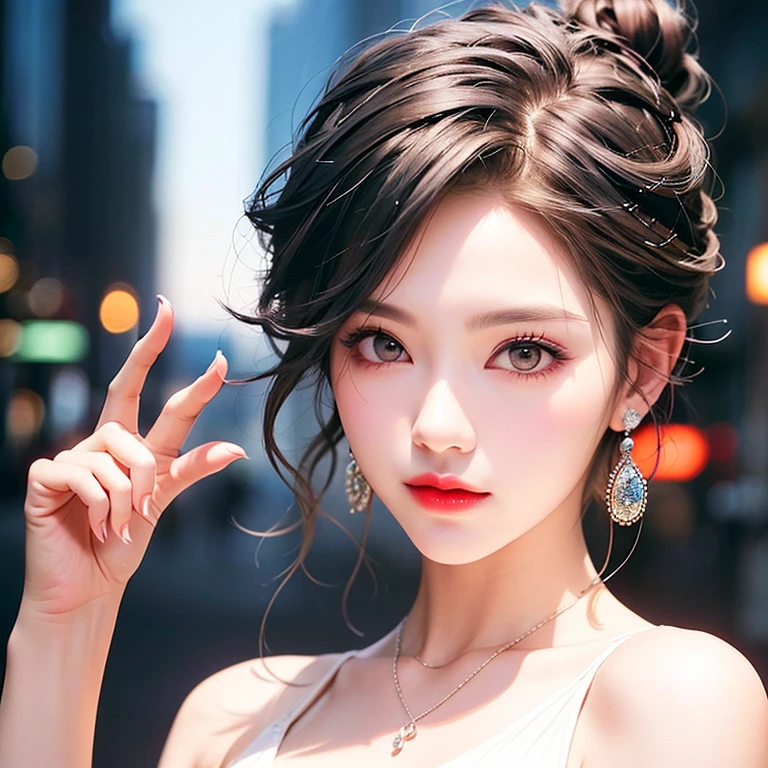 Solo,A woman puts her index finger to her lips,The woman'fingers are in a quiet pose,Sea Pose,woman putting her finger on her lips,blonde messy bun hair, half updo hair, Looking at Viewer, Hair Ornament, Pastel colors hair, Jewelry,vivid 22eyes, makeup, Lips, Wavy Hair, earrings, Upper body, Portrait, Bangs, hair clips, Hand up, 鎖骨, City Background, Red lips,
