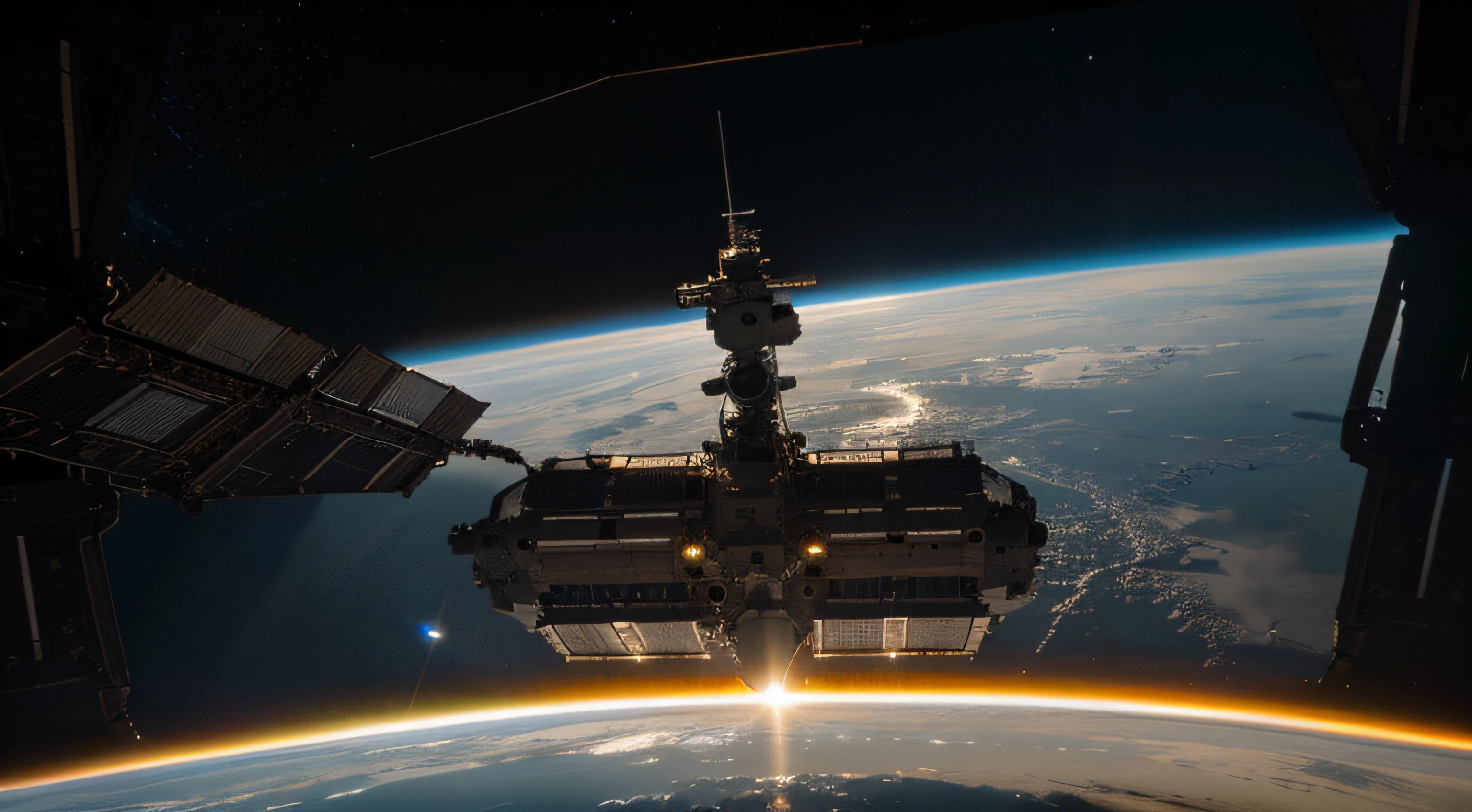 In space, the high-tech login device is docked with the space station. It has a strong metallic texture and an ultra-wide-angle lens. The picture is bright and realistic, with photographic effects and golden section composition.