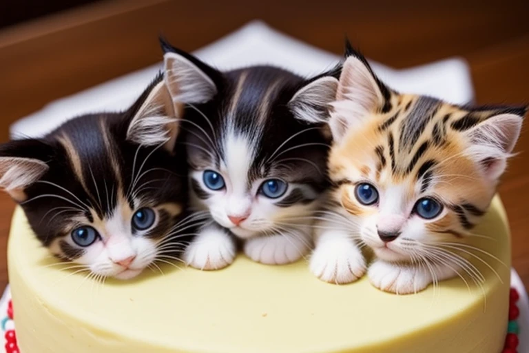 There are three cute kittens on a cake