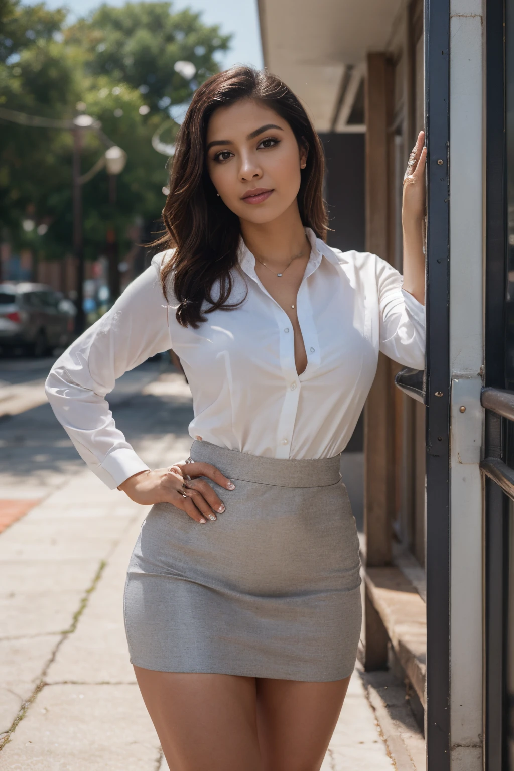 8k, highest quality, ultra details, Elena, Hispanic beauty, woman, professional attire, leadership and ambition, breaking barriers and inspiring others.