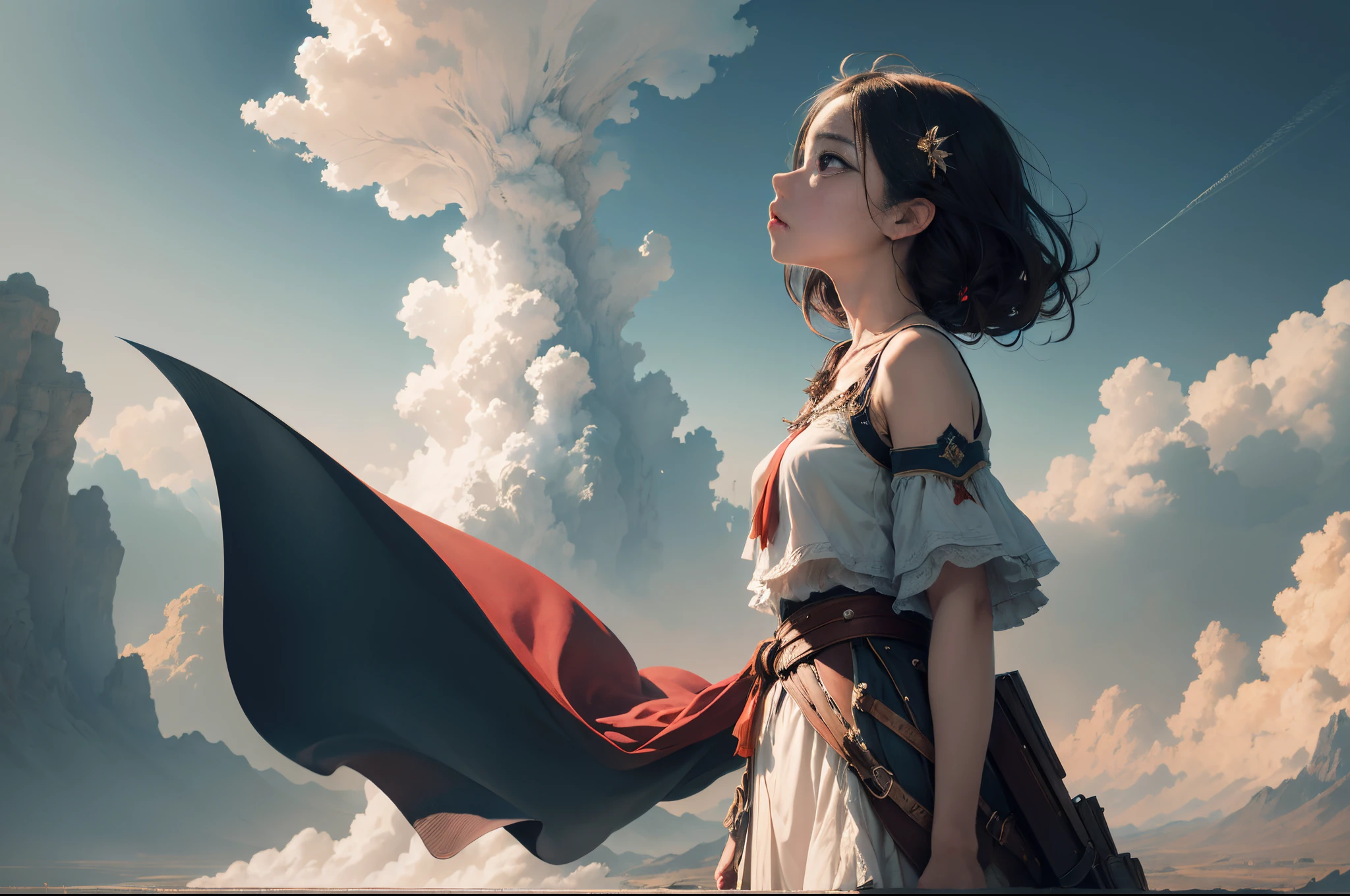 absurdres, highres, (official art, beautiful and aesthetic:1.2), close view,
shining sky, vast world, girl, gazing, awe-inspiring expression, distant horizon, clouds, high hill, natural beauty, inspiration, light effects,