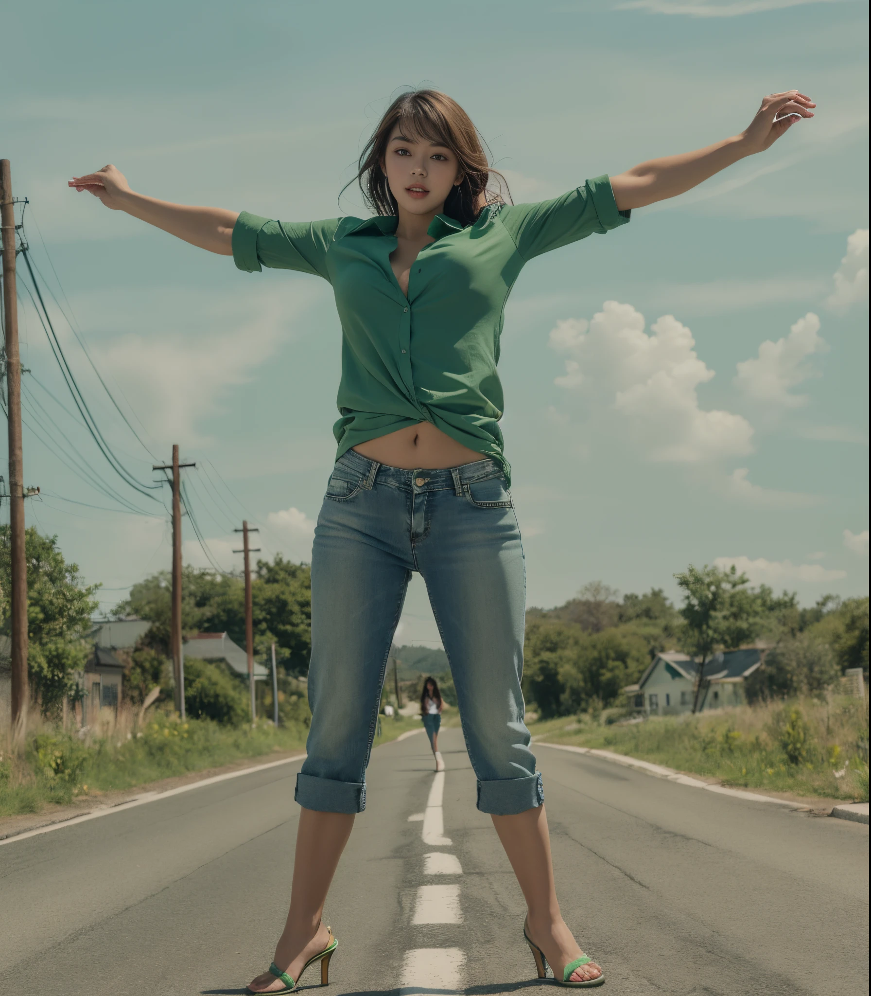 Young and beautiful girl,A look of excitement,standing on country road,Wear low-rise jeans,green-shirt,high-heels。closeup cleavage