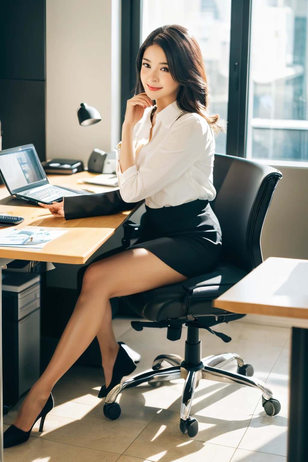 (Best Quality,hight resolution:1.2),Realistic,Professional,Includes highly detailed facial features and full body diagram、Highly detailed portrait of a 20 year old Japanese office lady, ready for a date, Walking　nailart　

tag: Beautiful detailed eyes, Beautiful detailed lips, long eyelashes, smooth and flawless Skin, Elegant Office Wear, well-groomed hair, Confident smile, Natural makeup, neat and tidy appearance, Stylish accessories, Modern office environment, computer and desk, Office Chair, papers and documents, stationery, Computer Monitor, Keyboard and mouse, Phone on the desk, office decor, soft office lighting, Natural light coming in through the window, Calm and focused expression, relaxed body posture, Exciting anticipation, stylish handbags, high-heels, elegant clock, Delicate Jewelry.

(Main Focus) Beautiful office lady in her 20s, Detailed facial features and flawless skin, Expressive eyes and lips attract attention.

(Medium) This portrait is created in a realistic and professional style, close to high resolution, Detailed photos and masterpiece paintings.

(extra details) she is wearing stylish office clothes, Her hair is perfectly styled; The focus is on her face, Also includes a full body diagram, show her confidence and poise. Office environment with modern furniture, including computer, desk work, and office chair. Documents and paperwork are neatly organized., Office supplies are also within reach... The lighting is soft too.、It creates a calm atmosphere. The rooms are also decorated to create an elegant atmosphere...

(Artistic style) Portraits are created in a natural and realistic style, Capture the essence of the subject. The colors are vivid and vivid, Reflects natural light coming in through windows. The overall tone of the image is warm、Fascinating.

(light) Soft office lighting creates a warm and cozy atmosphere, Emphasize the features of the subject、Add depth to an image.

Note: Prompts are just guidelines, Details can be changed or added according to your artistic vision.