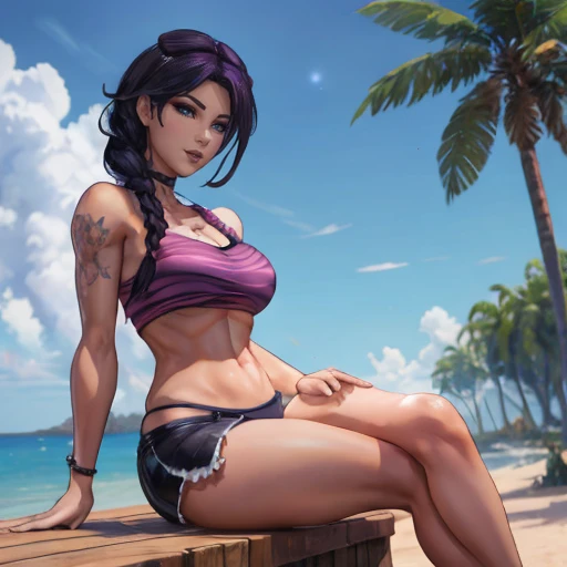 Anime, Akeno Himejima, boobs (((DD-size Breasts))), big ass, she is getting a tan on the beach with smokey purple eyes and lustful smile wearing a bandeau bikini, insanely detailed face and eyes, hyper-detailed beach, digital illustration, masterpiece, a top view of a cute woman, beautiful eyes, atmospheric lighting, centered, perfect anatomy, glowing eyes, candid portrait, clear, very detailed, concept art, smooth, sharp focus, dynamic back view pose, art by Artgerm