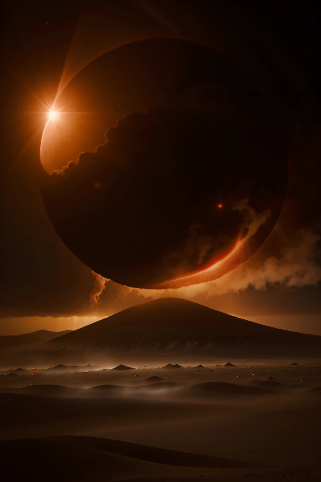 a sandstorm with fire and red tones and an eclipse