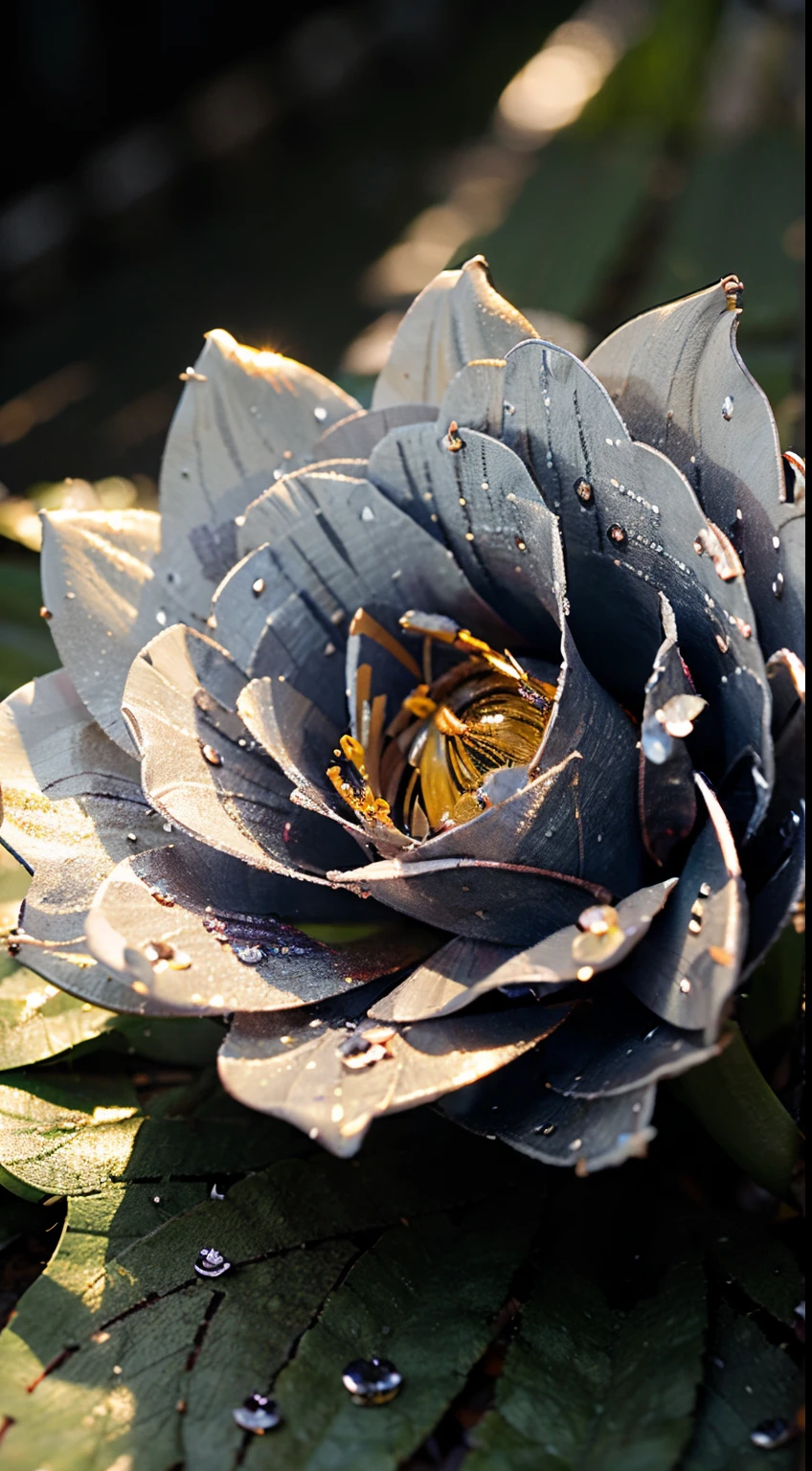 ((masterpiece)), extreme close up on a flower on garden, raw photo, after rain, water drops, metal flower:1.4),(flower AND metal), the flowers petals are made of metal, the petals have a metalic appearance, relections, surface sccatering, extreme high quality, professional image, the image has a round center, cinematic, artistic, 4k, perfect lighting, beautiful, bokeh