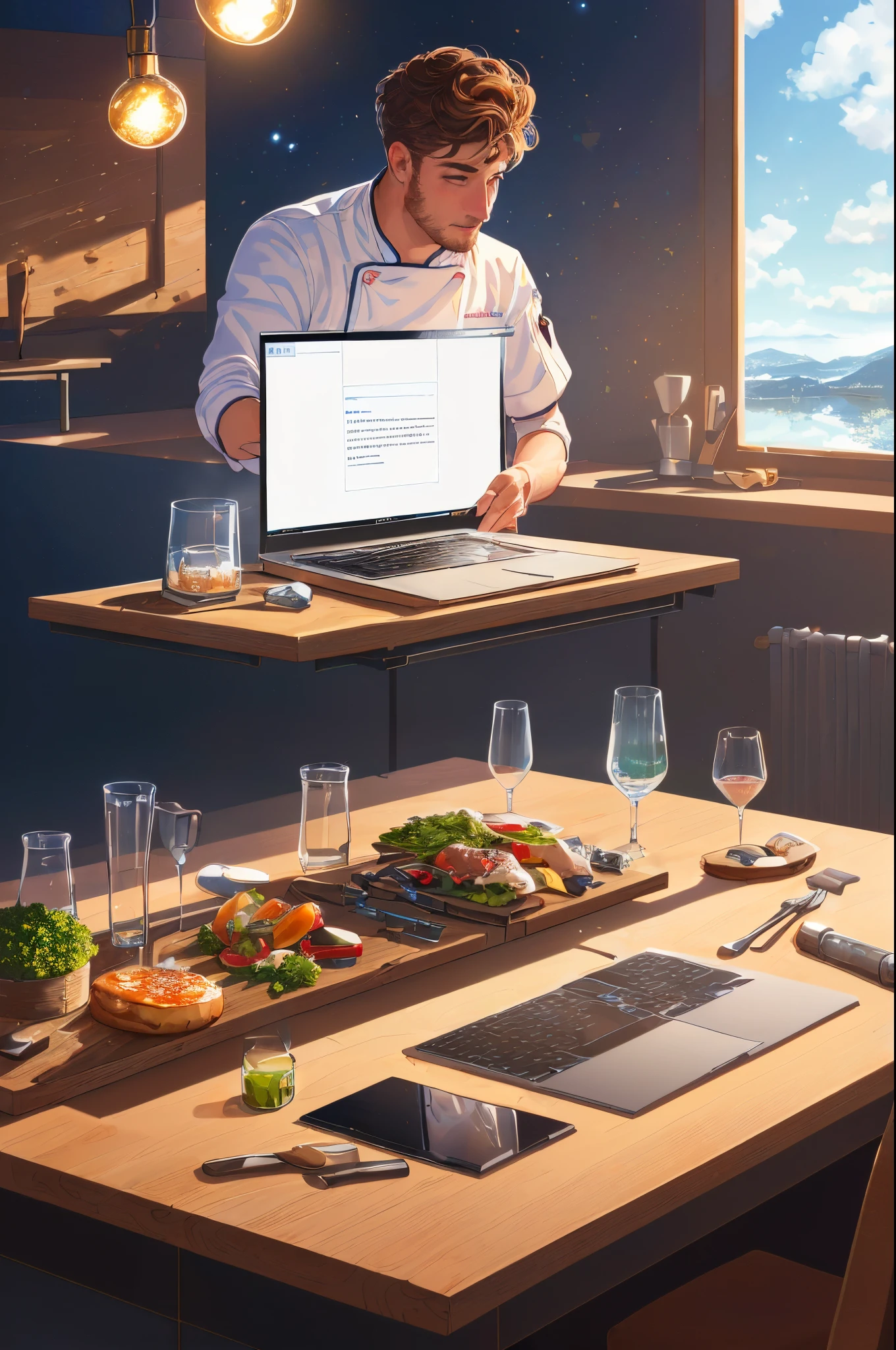 ((beste-Qualit)), ((chef-d'work)), (detailded), ordinateur portable translucide, Posé sur a table en verre, (illustration fantastique : 1.3), model futuriste, Elements and components of the visible computer, charme d'un autre monde, clear sky, (image 8k)