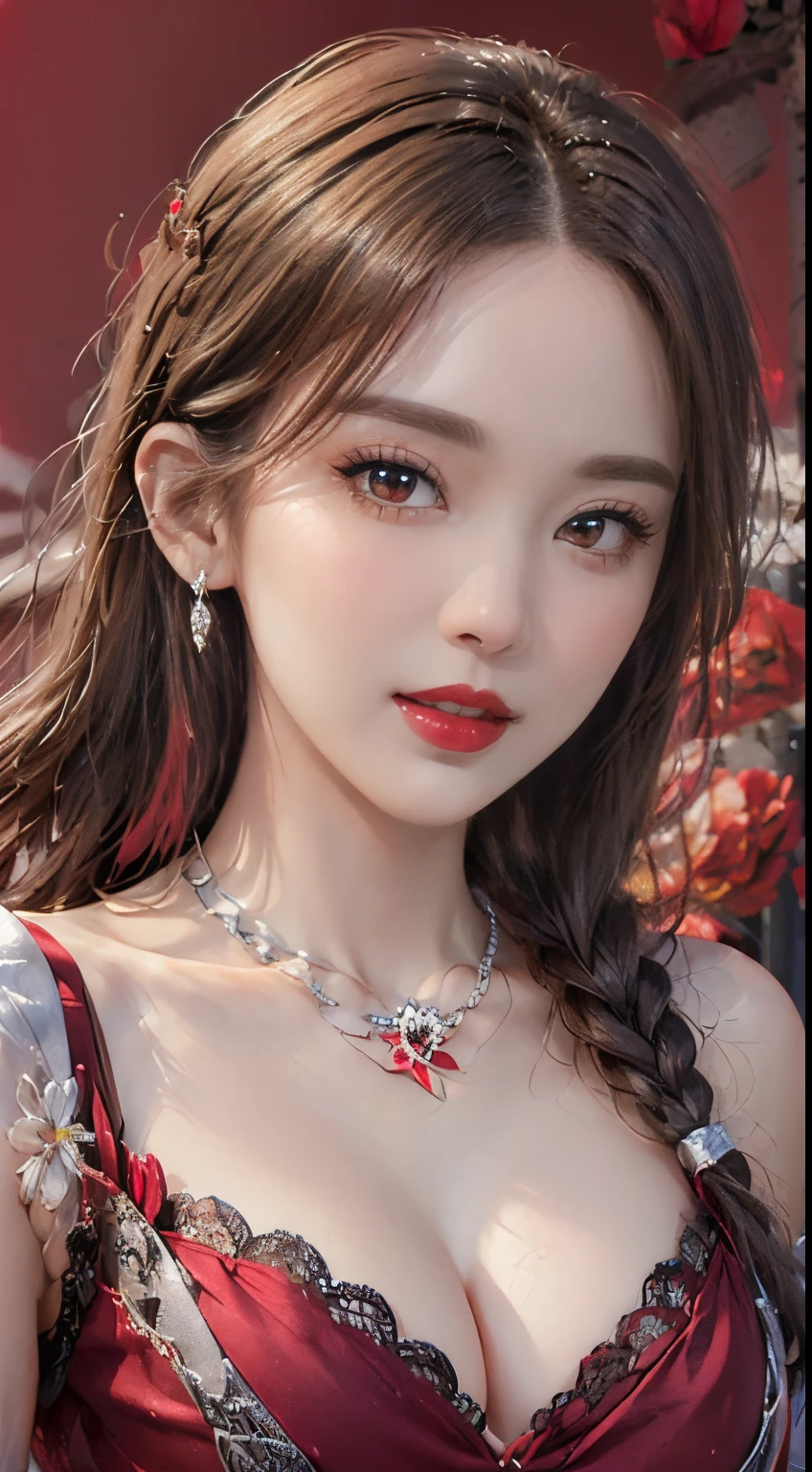Top quality work,Photorealistic works,Ultra Premium Graphics,8K HD CG works,High-quality graphics,High-definition fine CG works,10x pixel,Ultra-fine details:1.1,Advanced technical details:1.1Photographically realistic, A high resolution ,Transparent hair,High Detail Hair(Premium Hair Detail:1.1)Clear eyes,Good looking double eyelids,Sharp eye makeup, Delicate makeup for eyelashes, Thin eyebrows, ultradetailed eyes,High Nose, lovely red lips, Rose cheeks, Face with delicate makeup , Pretty Face, 1 beautiful and attractive 20-year-old girl, ((Wearing an ultra-thin red dress with diamonds: 1.8)), ((Long platinum hair: 1.6)), Bangs, Elaborate jewelry made from noble stones and beautiful hair, ( ( Wearing a black lace necklace:1.4))), noble, Aristocratic style of a very beautiful girl, Super cute little face, Very pretty face, Thin eyebrows, Beautiful face, flawless, ((black eye pupil: 0.8))), Very pleasing to the eye, ((Light red eyes: 1.5)), Beautiful makeup and hair, detailed eyelash, Eye Makeup Wet, High Nose, earrings, Red lips, ((Closed mouth: 1;5 )) Beautiful lips, Slim hands, The most beautiful thighs, Rosy face, Clean face, Perfect beautiful face, Fair skin Smooth white skin, ((Big breasts: 1.5)), ((high breasts: 1.6)), firm breasts, Nice cleavage, (((Super Round Chest: 1.6))), ((Super tight breasts: 1.7 )), Beautiful breasts, ((shoulders: 1.8)), Beautiful breasts, Thin black mesh stockings with black lace trim, Perfect body, 8k photo, ultra-quality, Super realistic, Super 10x pixels, Research Areas Optical Research Field, studio lights, edge light, two-tone light, (High Detail Skin: 1.2), Ultra-8k, Soft light, High quality, Volumetric Lights, optical, high-resolutionhigh-optics, Lighting, Best Photo, 4K, The 8k quality, Blur effect, Smooth sharpness, 10 x pixels, ((Red flower background:1.7)), Aurora, Lightning, Realistic Super Graphics, The most realistic drawing map, Alone, Solo, very clear picture, Surreal, Upper body of a girl, (((frontal portrait: 1.6)))."