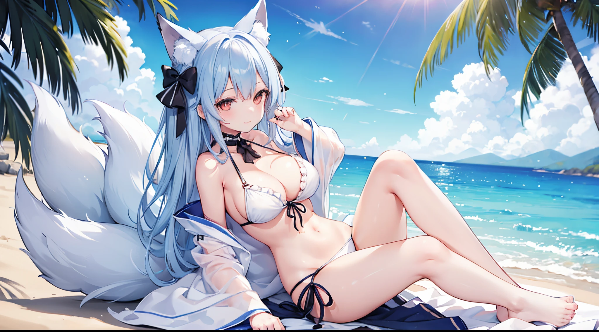 (1girl:1.3), Solo, __body-parts__, Official Art, high quality, beautiful, film grain, sexy, blue hair, white frilled bikini, white bikini, white choker, large breast, see-through, multiple tails, navel, frill, fox girl,, front-tie top, tront-tie bikini, closed mouth, thighs, white tails, bare shoulders, kitsune, sitting, looking at viewer, closed lips, delicate lips, detached sleeves, cleveage, smile, fox ears, beach, full body, bare legs, bare feet, shinano azur lane