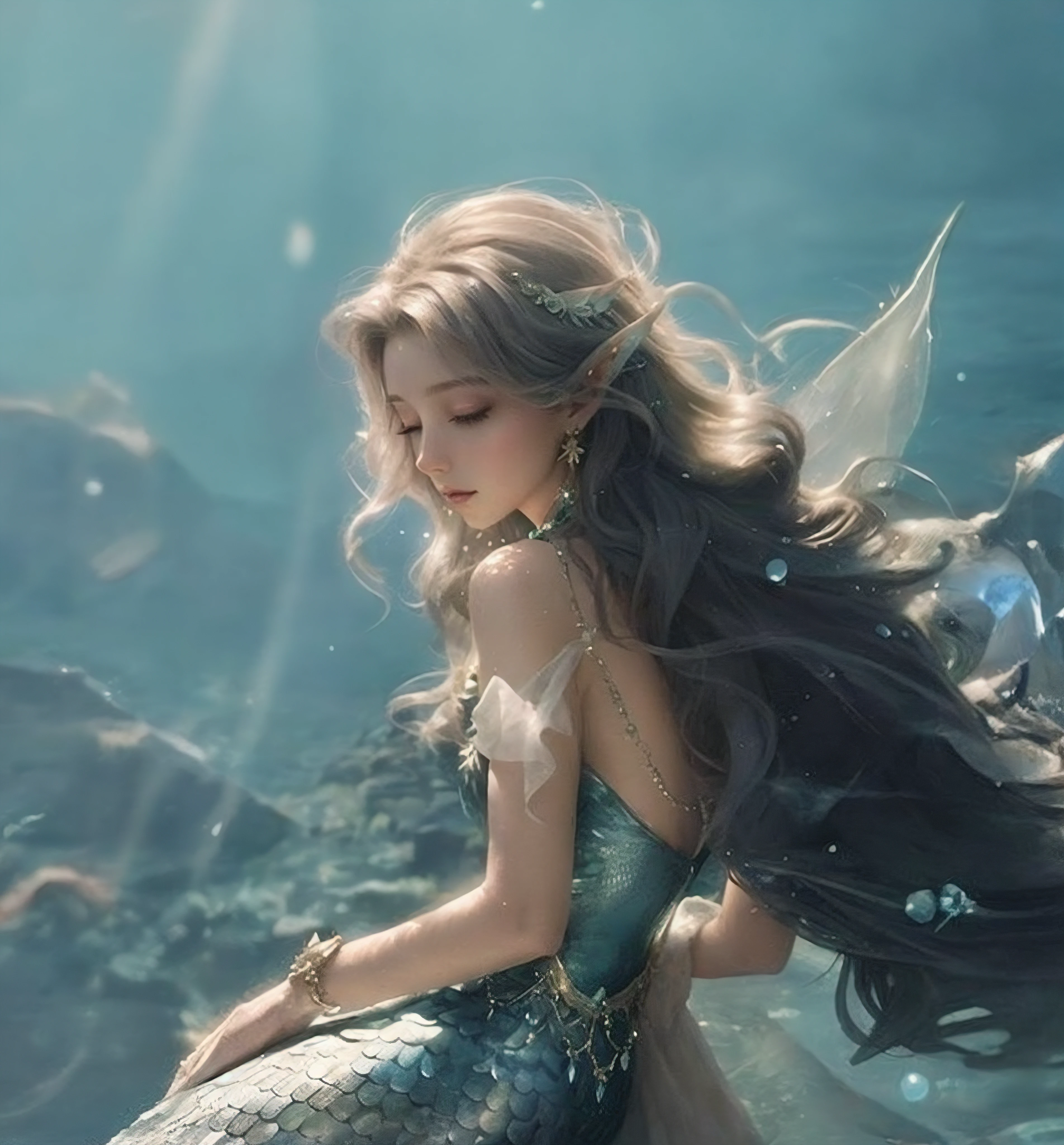 The mermaid sits on a rock,long whitr hair,Crown on head, beautiful mermaid, water fairy, fantasy art style, beautiful fantasy art, EtherealBeauty, Ethereal fantasy, Close-up fantasy of water magic, author:Hero, very beautiful fantasy art, Popular digital fantasy art, Digital fantasy art ), stunning fantasy art, fantasy beautiful, beautiful fairie, Elegant cinematic fantasy art, ethereal fairytale