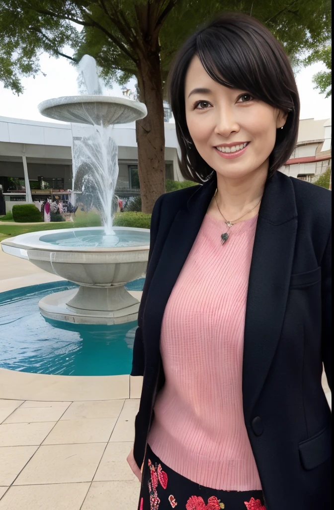 Woman standing in front of a park fountain waiting for me..She has her hands behind her back and is holding a handbag.A woman wearing a brightly colored knit and skirt.She is looking up and smiling bewitchingly. J-cup tits, looks like Hitomi Kuroki.Natural wrinkles. Wrinkles at the corners of the eyes. fleshy feeling. highest quality.Mature, 45 years old.bewitching smile.woman of good style.Temptation.Looking Camera.Black hair,Perfect fingers.
