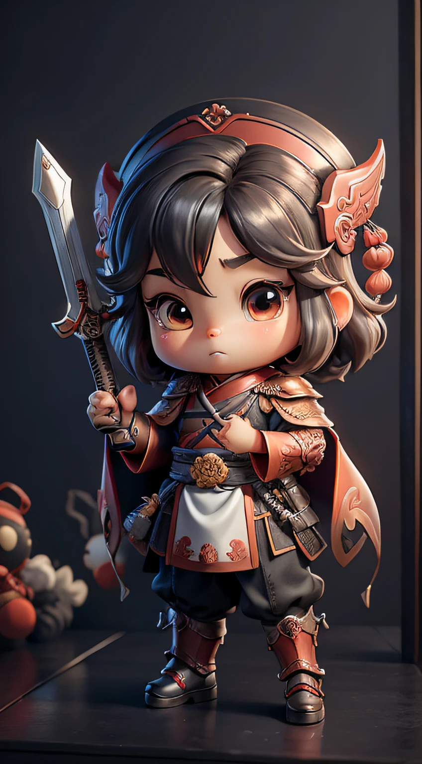 (Best quality at best), tmasterpiece、top-quality、ultra - detailed、 3D, 2 year old girl,Big head doll。Face the camera,Full body like((Red cape)),Nendoroid 3D, zhao yun, guan yu, Big-headed figures。Cute little girl in red shrimp armor。Cute expressions。(Shrimp head red helmet),The two sides of the top are decorated with two raised shrimp eyes. (The top of the head is decorated with two long shrimp tentacles.)。dressed in samurai armour。(The other hand holds a sword,There are many on the sword,Blind shape details)。The instrument shimmers with a metallic sheen.。Play defensive martial arts poses。Chinese Kung Fu styling。The action is dashing。Realistic characters。The hand is 5 fingers。The correct gesture to hold the weapon