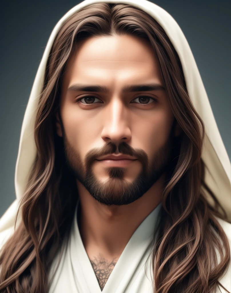 Man with long hair and hood on his head, Retrato de Jesus Cristo, Jesus Cristo, rosto de Jesus, Vestido como Jesus Cristo, jesus of nazareth, Jesus, pintura digital ultra realista, rosto masculino bonito, bonito impressionante realista, Jesus Cristo em Mass Effect, Macho bonito, jovem bonito, homem bonito, buracos em um homem religioso, Cyberpunk Jesus Cristo