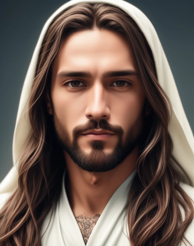 Man with long hair and hood on his head, Retrato de Jesus Cristo, Jesus Cristo, rosto de Jesus, Vestido como Jesus Cristo, jesus of nazareth, Jesus, pintura digital ultra realista, rosto masculino bonito, bonito impressionante realista, Jesus Cristo em Mass Effect, Macho bonito, jovem bonito, homem bonito, buracos em um homem religioso, Cyberpunk Jesus Cristo