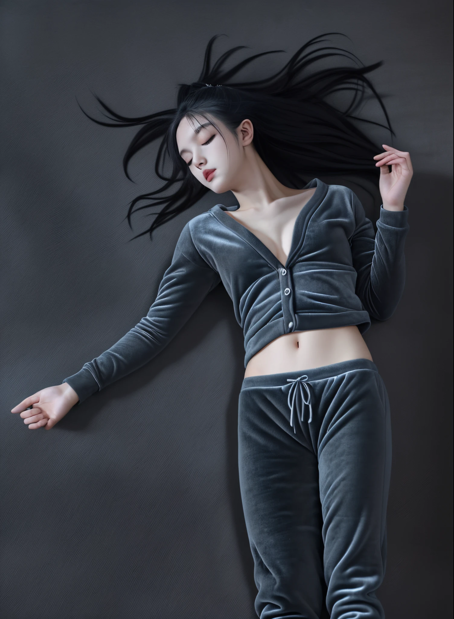 A beautiful girl，Sleeping position，Wearing charcoal gray low-rise velvet sweatpants。