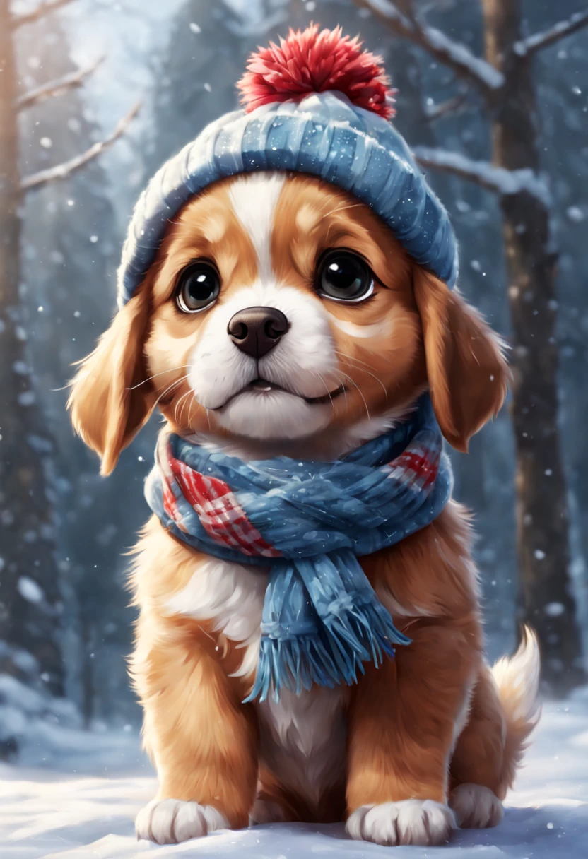 A cute puppy wearing a winter hat and scarf, fantasy, cartoon, Disney, pixar, realistic style, concept art,, Style AI Midjourney