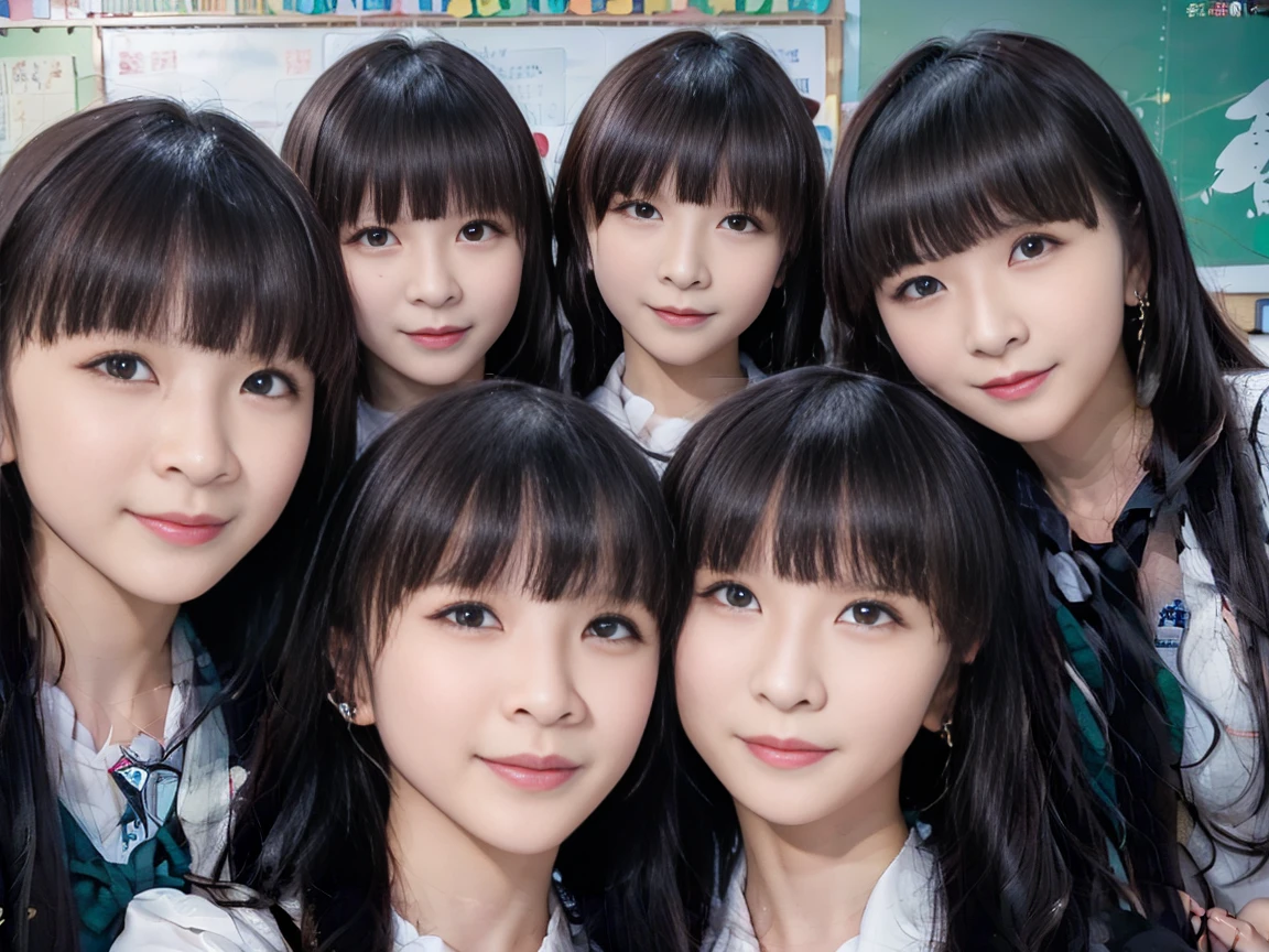 a picture、5girls、Same face, matching school uniform、5 cute girls with long black hair and big breasts、a smile、selfee、Classroom、Raw photo