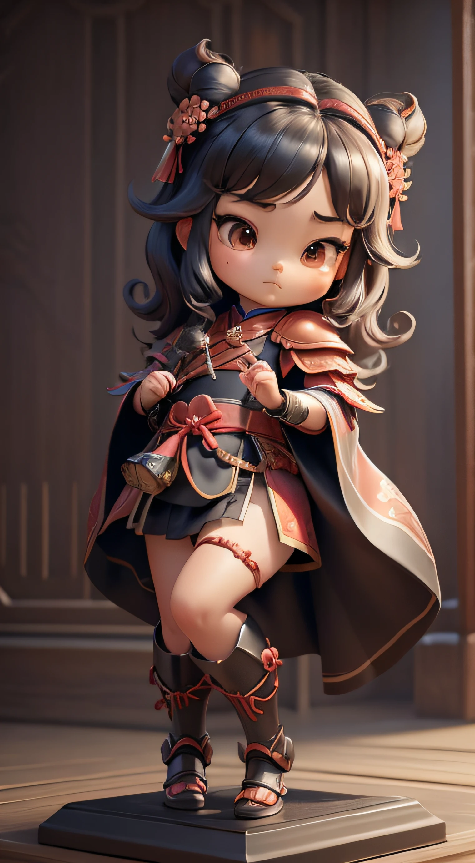 (Best quality at best), tmasterpiece、top-quality、ultra - detailed、 3D, 2 year old girl,Big head doll。Face the camera,Full body like((Red cape)),Nendoroid 3D, zhao yun, guan yu, Big-headed figures。Cute little girl in red shrimp armor。Cute expressions。(Shrimp head red helmet),The two sides of the top are decorated with two raised shrimp eyes. (The top of the head is decorated with two long shrimp tentacles.)。dressed in samurai armour。(The other hand holds a sword,There are many on the sword,Blind shape details)。The instrument shimmers with a metallic sheen.。Play defensive martial arts poses。Chinese Kung Fu styling。The action is dashing。Realistic characters。The hand is 5 fingers。The correct gesture to hold the weapon