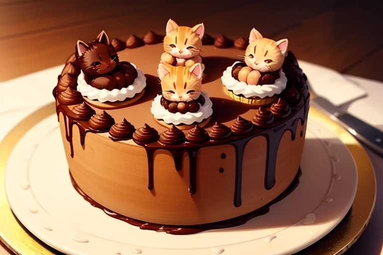 There are three cute kittens on a cake , cake art, Cupcakes, The is very detailed, chocolate frosting, Accurate depiction, chocolate art,