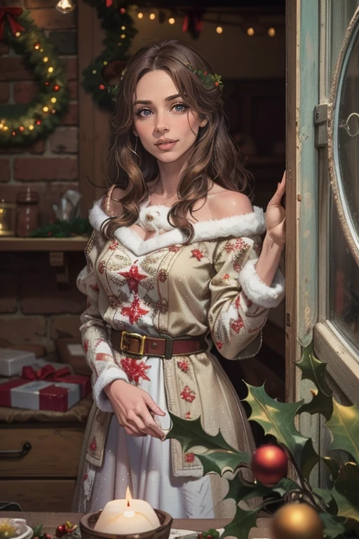 Vintage retro art printing, Bokeh, raw, dappled light on 1woman 40yo , solo, long hair, brown hair, green eyes, lips, christmas, santa costume, realistic, in cozy christmas workshop, skimpy, colorful, high contrast, intricate background, highly detailed skin, 8k, uhd intricate details, ultra realistic, rule of thirds, dramatic overhead lighting, detailed face, cute, shallow depth of field, intricate details, god rays,