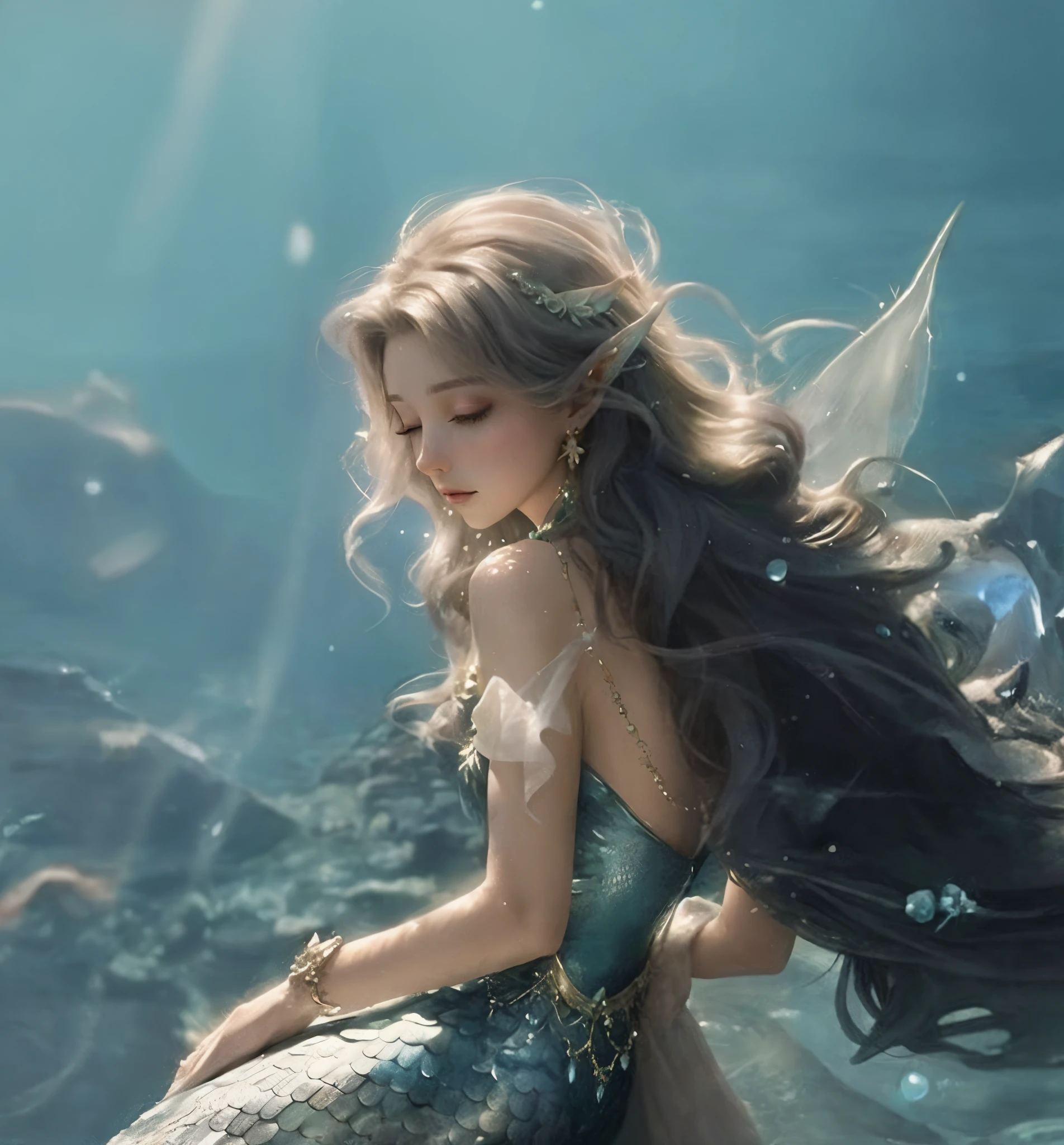 The mermaid sits on a rock,long whitr hair,Crown on head, beautiful mermaid, water fairy, fantasy art style, beautiful fantasy art, EtherealBeauty, Ethereal fantasy, Close-up fantasy of water magic, author:Hero, very beautiful fantasy art, Popular digital fantasy art, Digital fantasy art ), stunning fantasy art, fantasy beautiful, beautiful fairie, Elegant cinematic fantasy art, ethereal fairytale