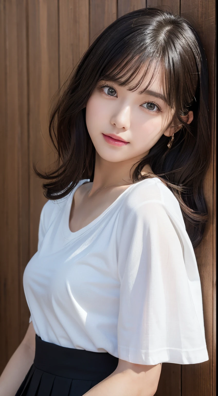 Innocent 18 year old girl、((White T-shirt, small black pleated skirt,Black High Heels,You can see the shape of the chest,Dramatic poses)),Smile,Twin-tailed,Curly hair,Background of Western-style buildings、Wooden wall background、Raw photo, (8K、top-quality、masterpiece:1.2)、(intricate detailes:1.4)、(Photorealsitic:1.4)、octane renderings、Complex 3D rendering ultra detail, Studio Soft Light, Rim Lights, vibrant detail, super detailing, realistic skin textures, Detail Face, Beautiful detail eyes, Very detailed CG Unity 16k wallpaper, make - up, (detailedbackground:1.2), shinny skin, Full body、((From head to thigh)),((Shot from below))