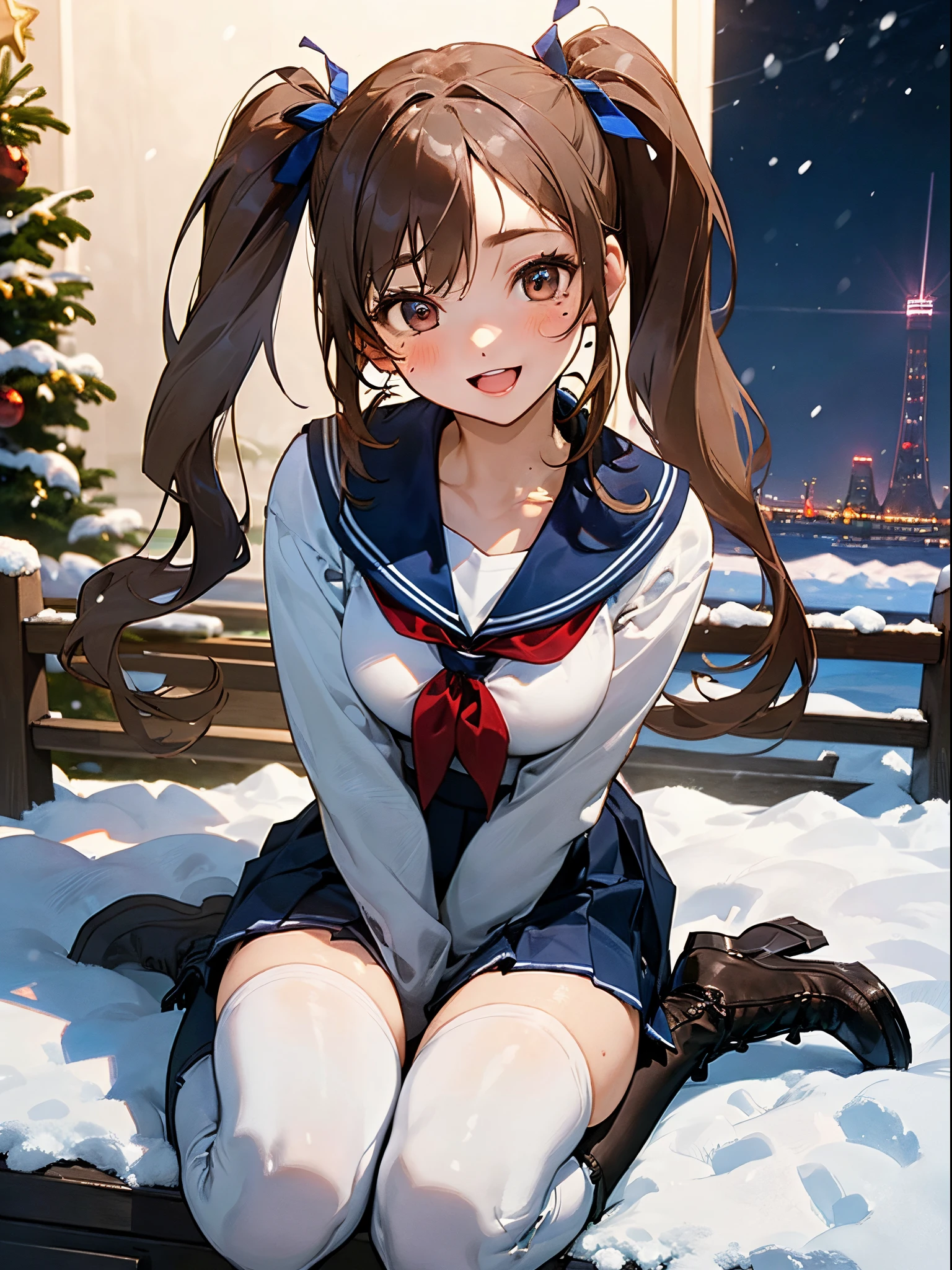 ((((perfect anatomy, super detailed skin)))), 1 girl, japanese, high school girl, shiny skin, large breasts:0.5, looking away, looking up, watching the view, from below,
beautiful hair, beautiful face, beautiful detailed eyes, (long hair:1.4, twintails:1.7), blond hair, brown eyes,
beautiful clavicle, beautiful body, beautiful chest, beautiful thigh, beautiful legs, face, mole under eye,
((((long sleeves)), all navy sailor suit, navy pleated skirt, navy sailor collar, red sailor scarf, thigh-highs, short boots), school bag, cross necklace), seductive thighs, ,
((smile:1.5, open your mouth wide)), , female masturbation, lifting skirt myself,
(beautiful scenery),winter, midnight, hokkaido, sapporo, odori park, park bench, sitting, christmas, christmas tree, illumination, tv tower, snow, snowfall:1.5, freezing weather, frost,
(8k, top-quality, masterpiece:1.2, extremely detailed), (photorealistic), beautiful illustration, cinematic lighting,