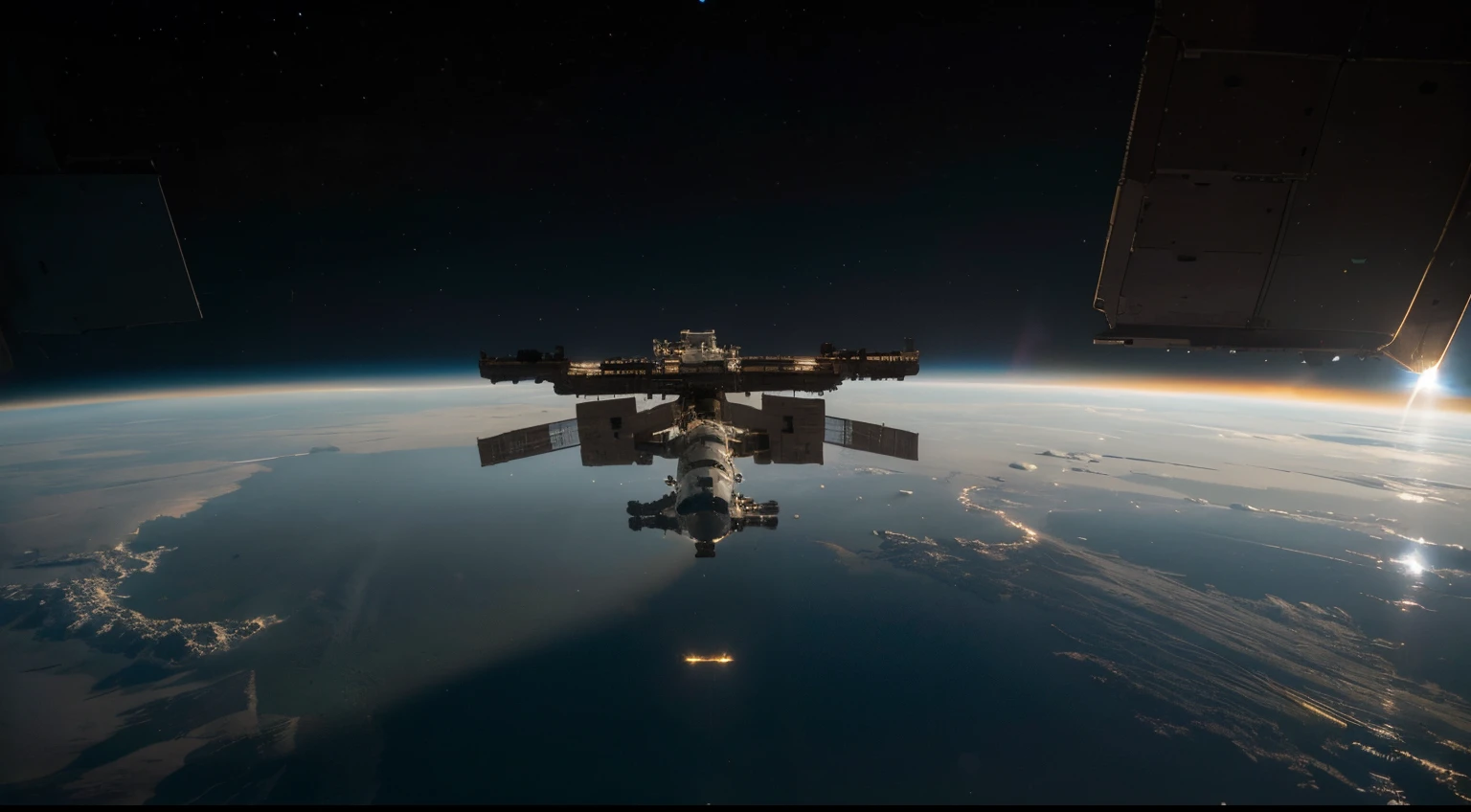 In space, the high-tech login device is docked with the space station. It has a strong metallic texture and an ultra-wide-angle lens. The picture is bright and realistic, with photographic effects and golden section composition.