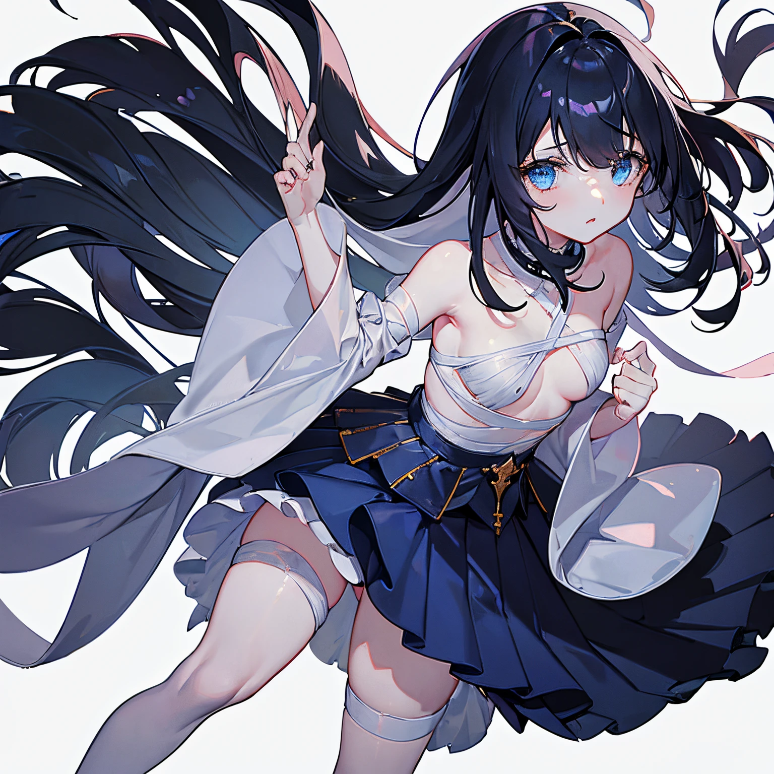 1 girl, no smile, sparkling navy blue eyes, (black hair) ,Cute woman with short baby face, bandaged, small stature, small breasts, loli, Full body, (masutepiece:1.2, Best Quality), (finely detailed beautiful eye: 1.2), (beautifull detailed face), High contrast, (Best Illumination, extremely delicate and beautiful), ((Cinematic Light)), Dramatic light, (Pale white background:1.5), bandaged_leg, bandages, bandaged_arm,  bandaged_neck, mummy_costume, bandaged_hand, long_hair, collarbone,  bandaged_head